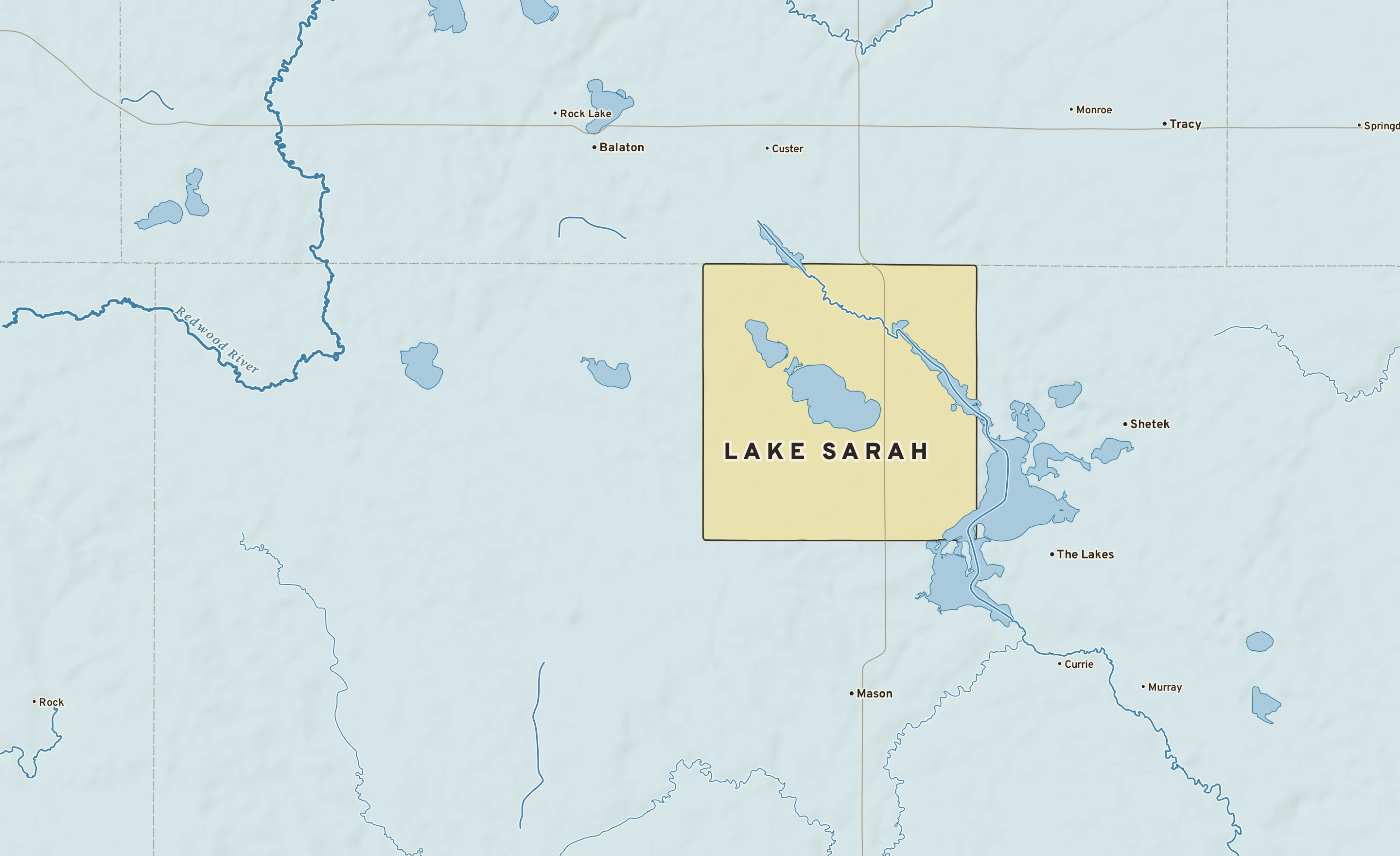 Shaded-relief atlas plate of Lake Sarah, Minnesota: rivers, roads, the city limits and where the water drains.