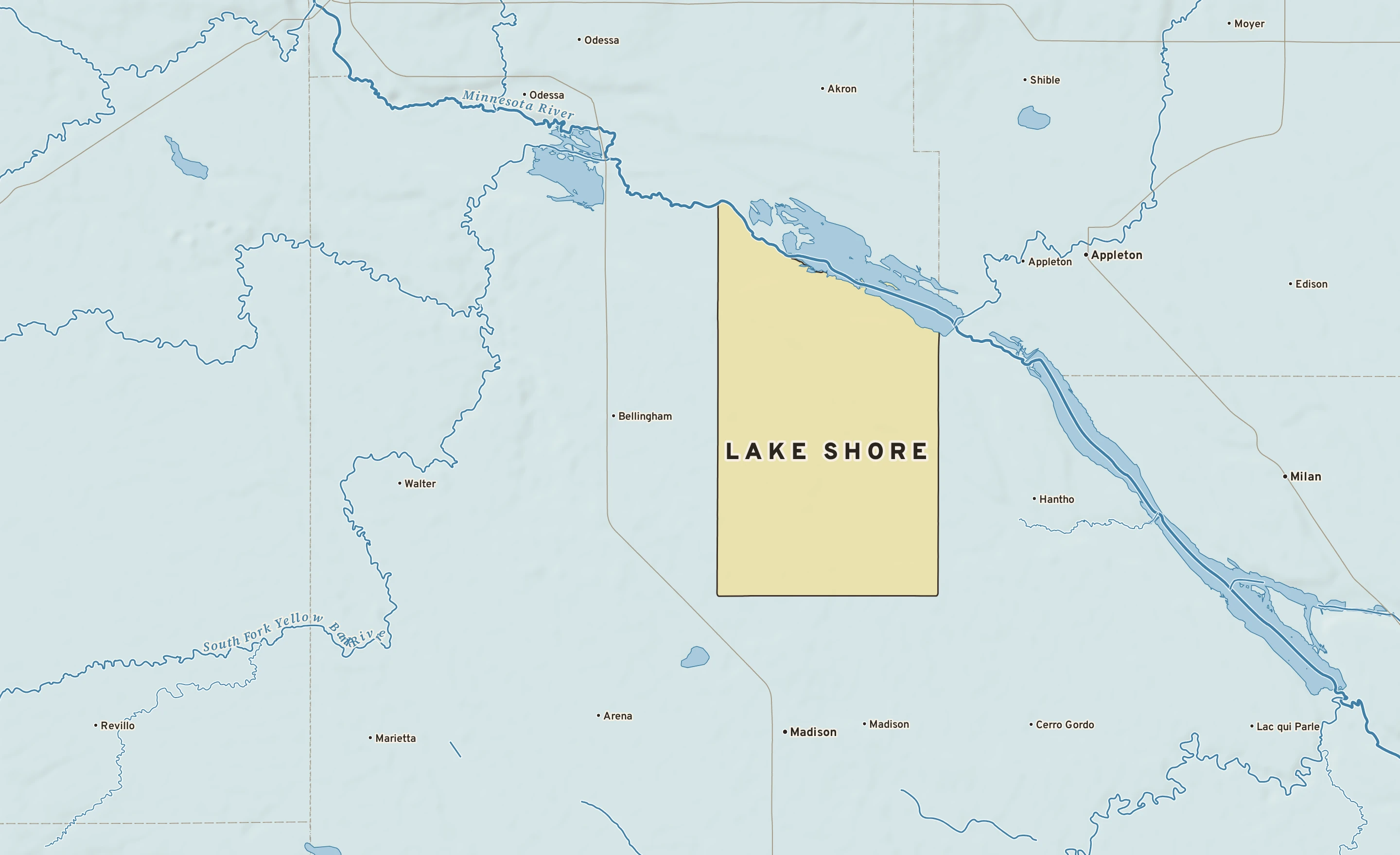 Shaded-relief atlas plate of Lake Shore, Minnesota: rivers, roads, the city limits and where the water drains.