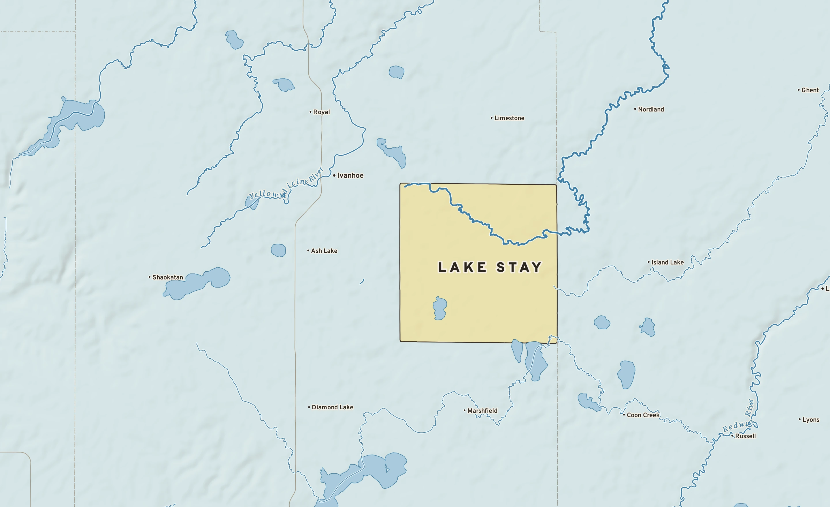 Shaded-relief atlas plate of Lake Stay, Minnesota: rivers, roads, the city limits and where the water drains.