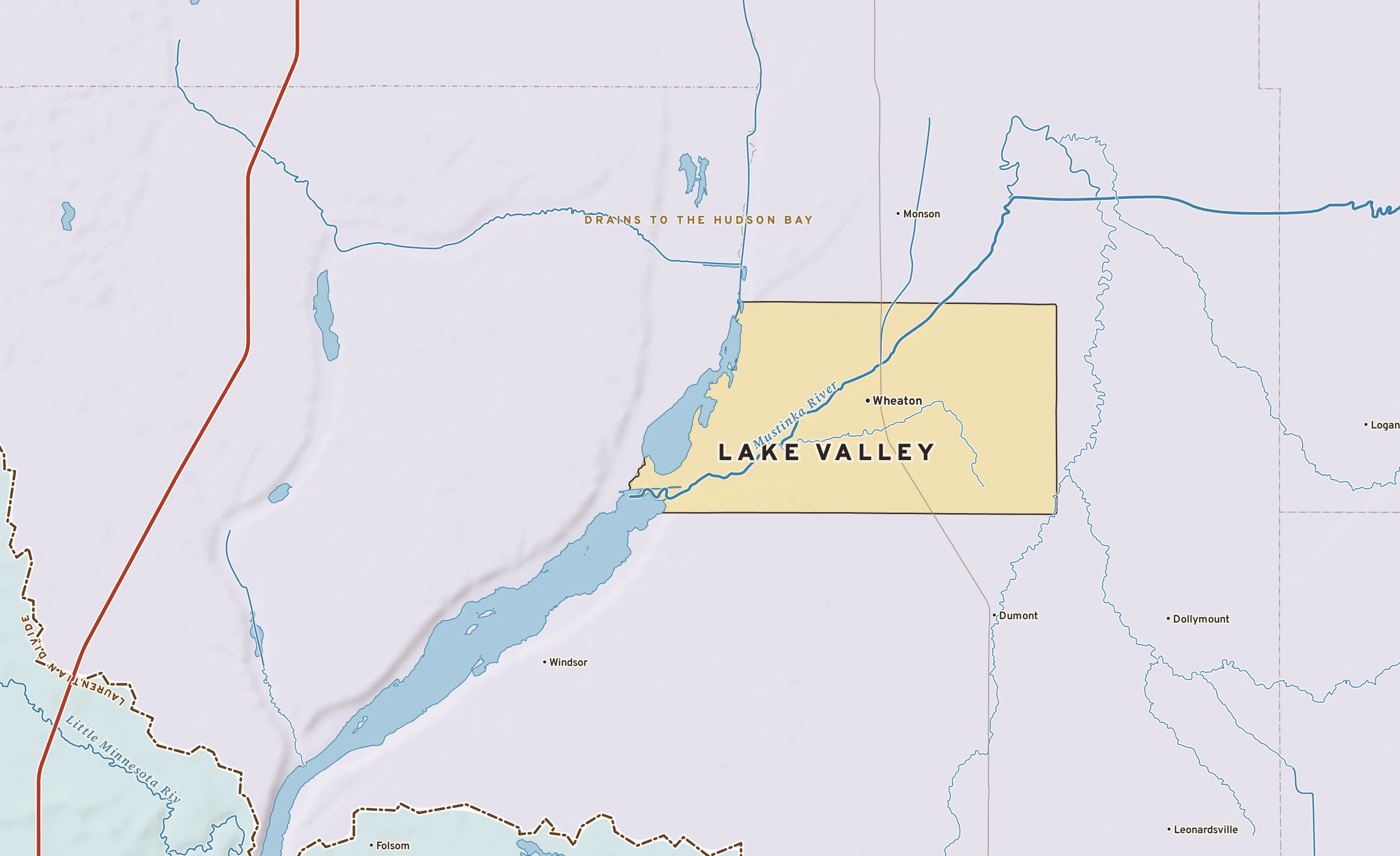 Shaded-relief atlas plate of Lake Valley, Minnesota: rivers, roads, the city limits and where the water drains.
