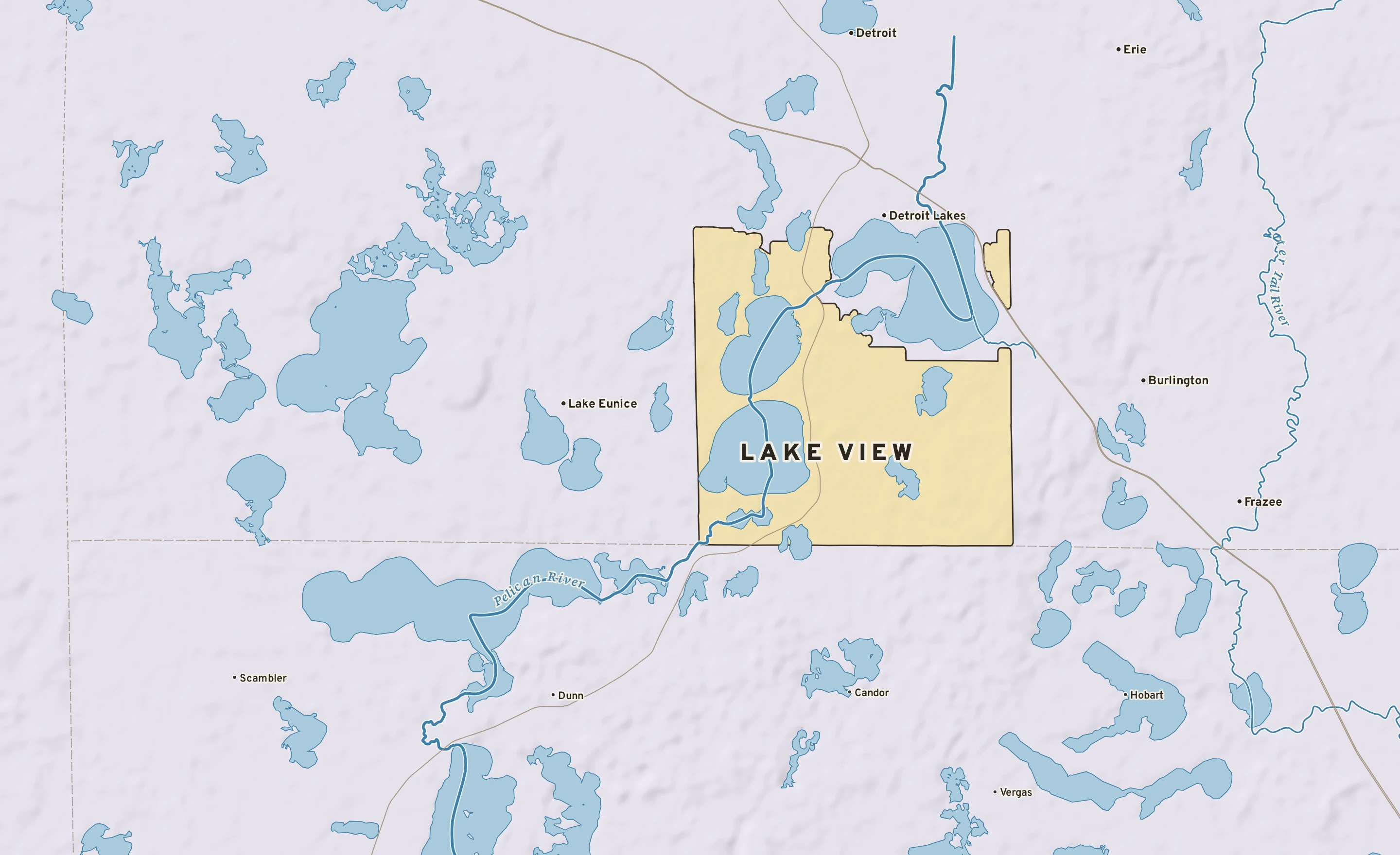 Shaded-relief atlas plate of Lake View, Minnesota: rivers, roads, the city limits and where the water drains.