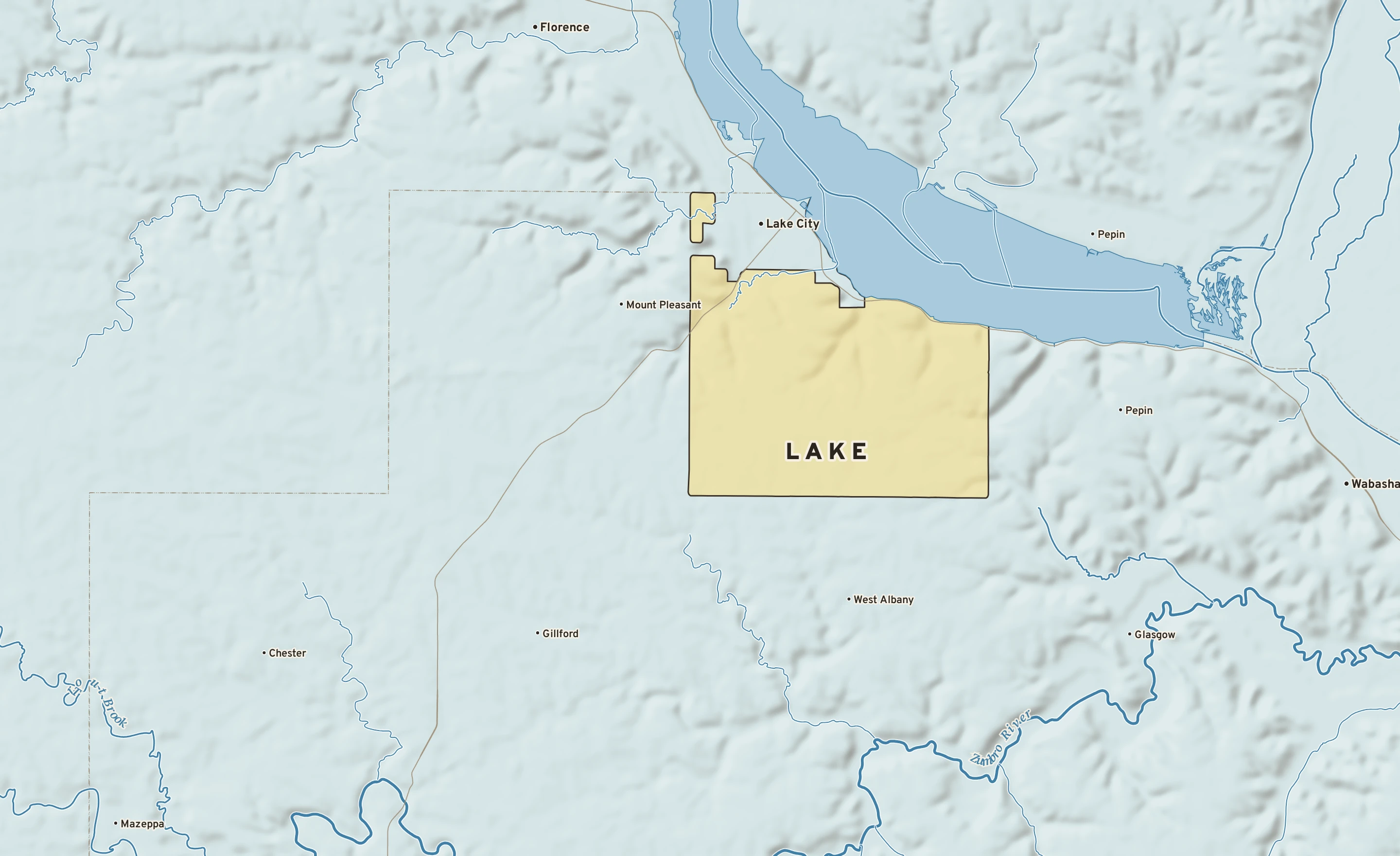 Shaded-relief atlas plate of Lake, Minnesota: rivers, roads, the city limits and where the water drains.