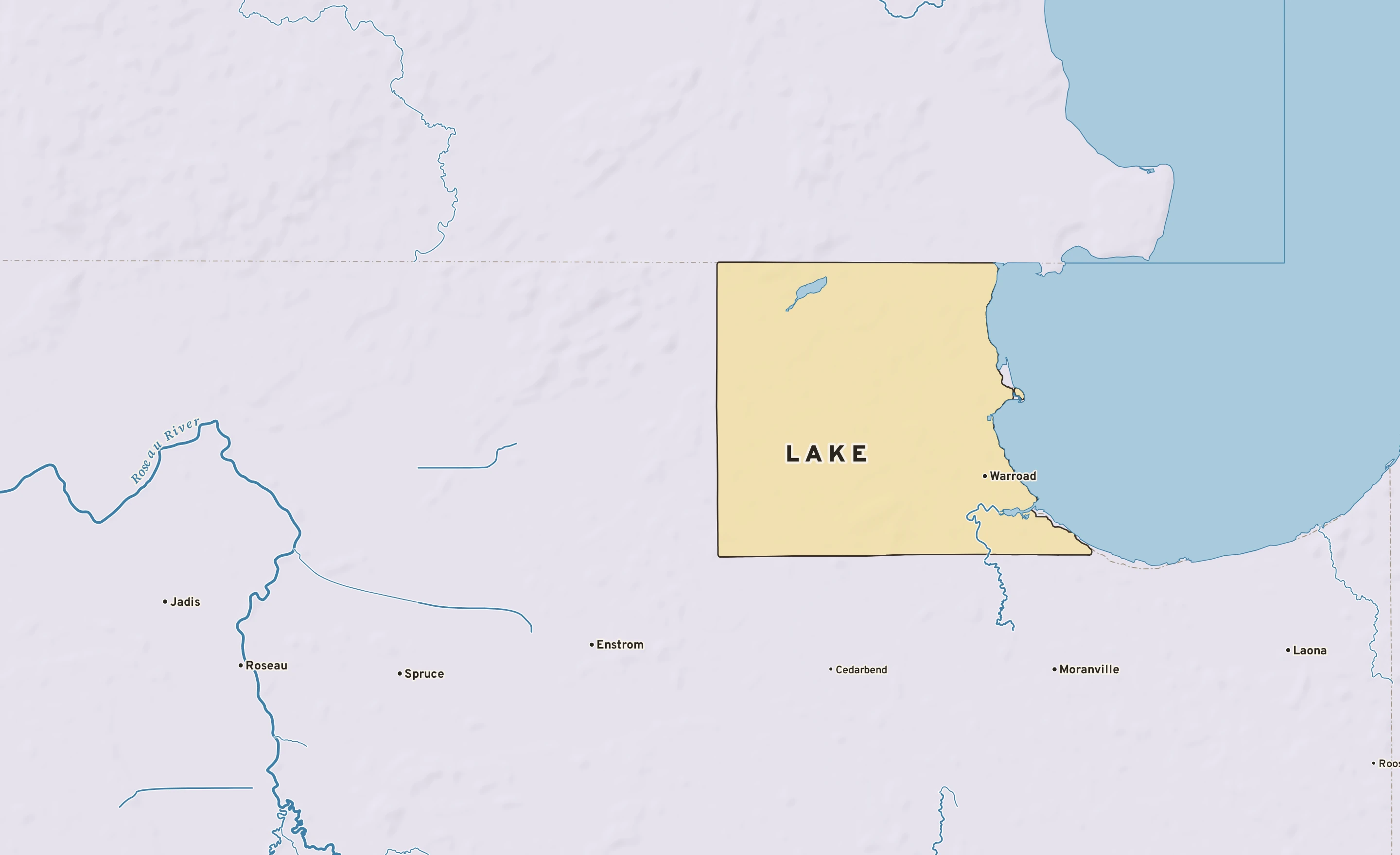 Shaded-relief atlas plate of Lake, Minnesota: rivers, roads, the city limits and where the water drains.
