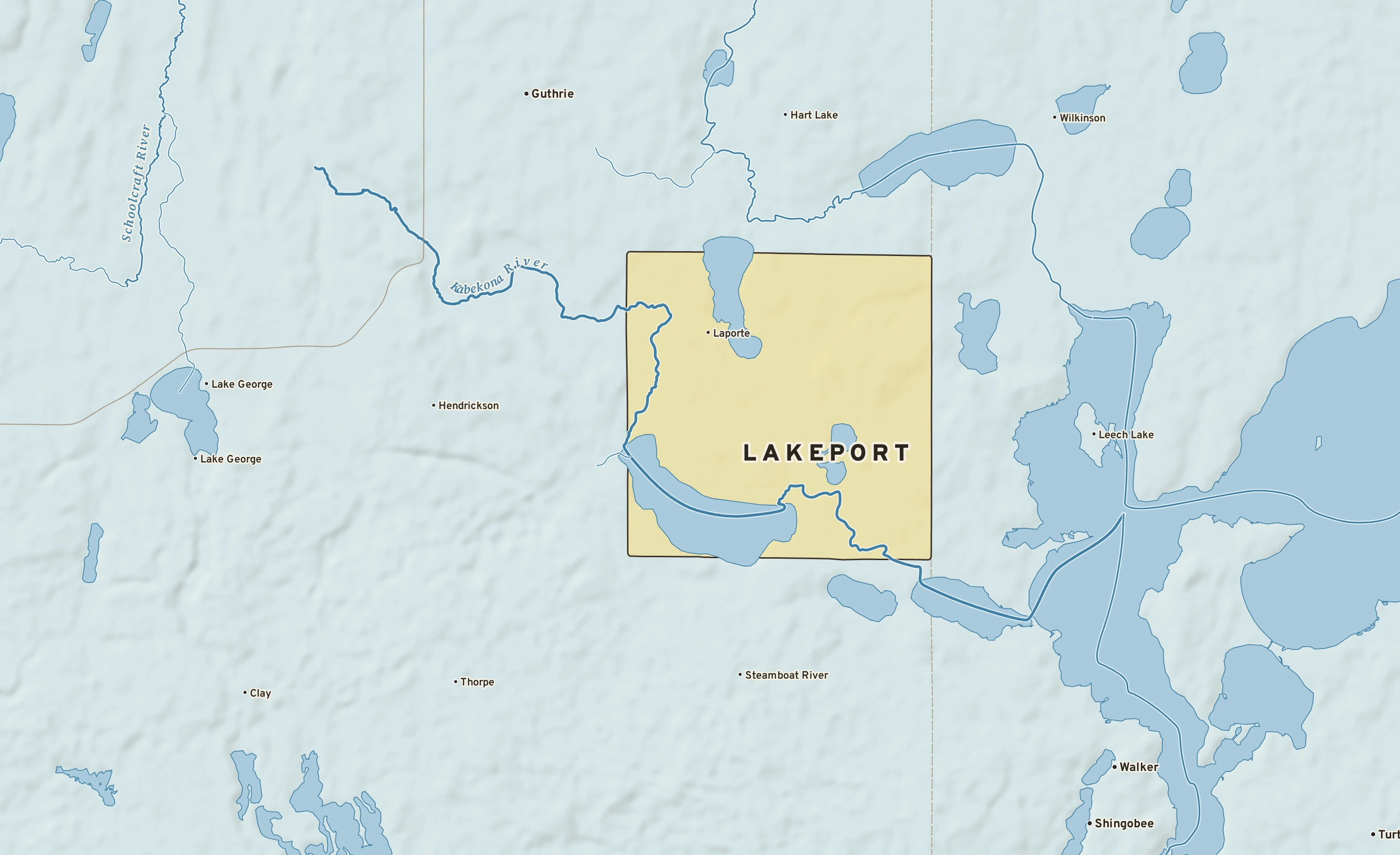 Shaded-relief atlas plate of Lakeport, Minnesota: rivers, roads, the city limits and where the water drains.