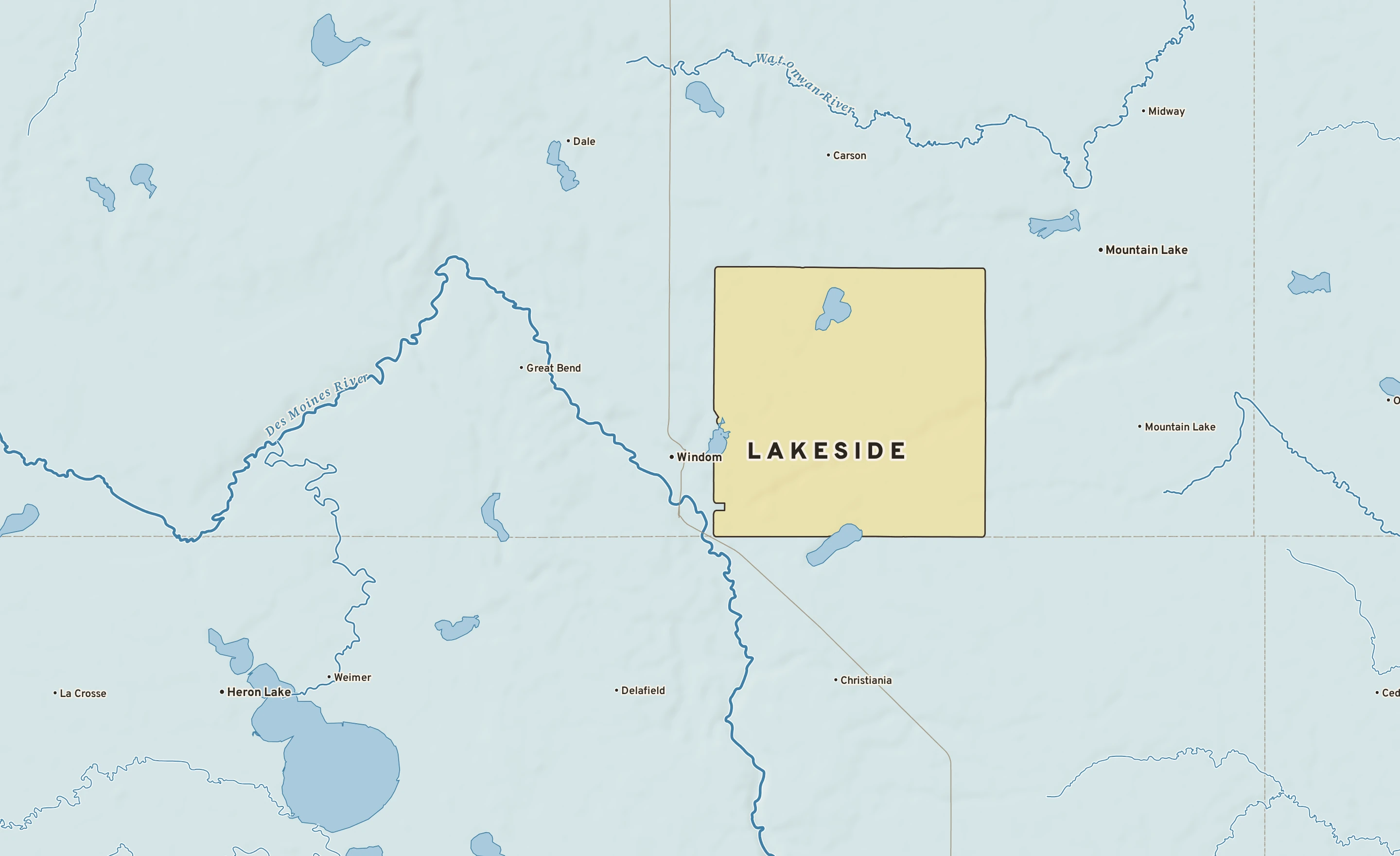 Shaded-relief atlas plate of Lakeside, Minnesota: rivers, roads, the city limits and where the water drains.