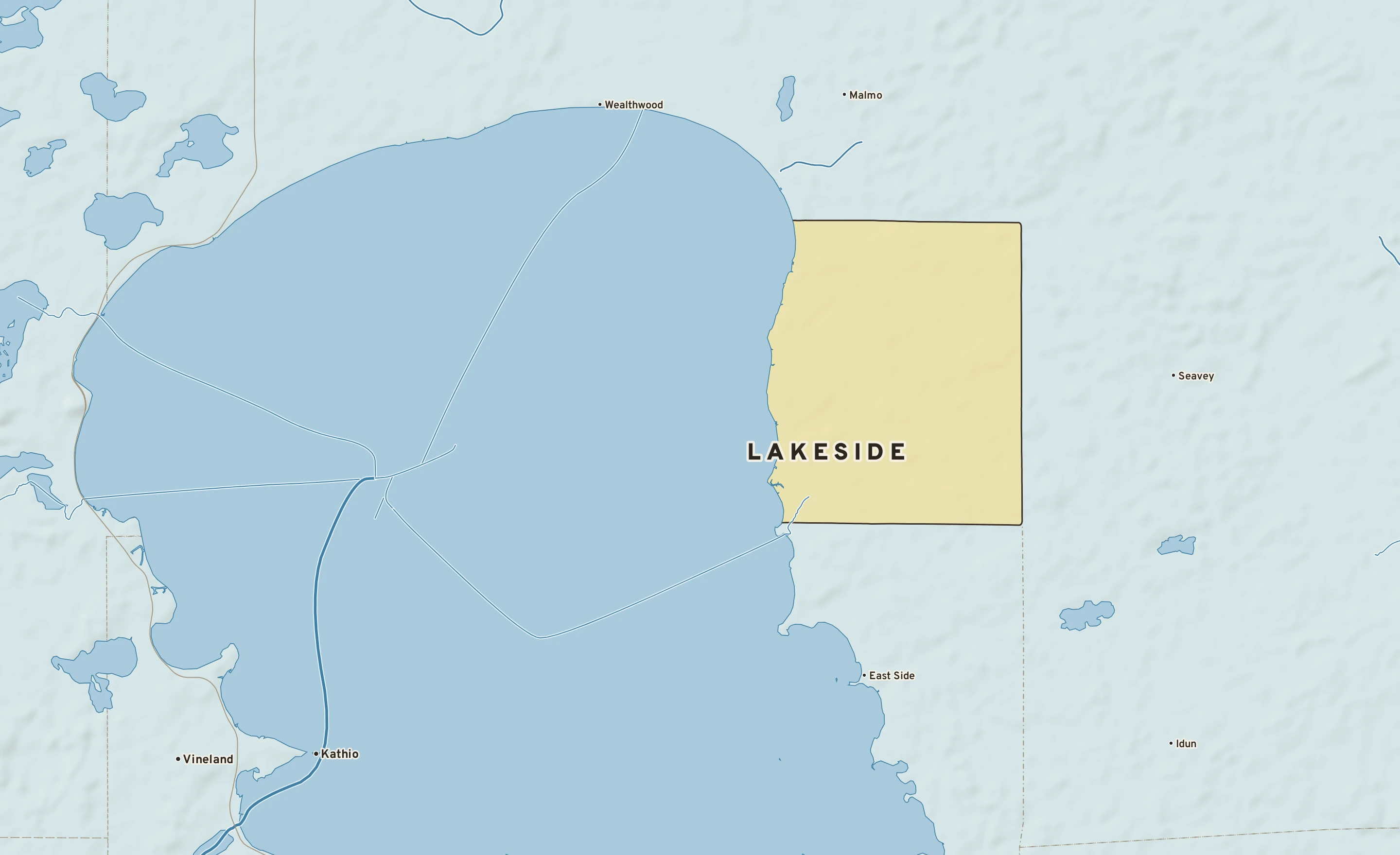 Shaded-relief atlas plate of Lakeside, Minnesota: rivers, roads, the city limits and where the water drains.
