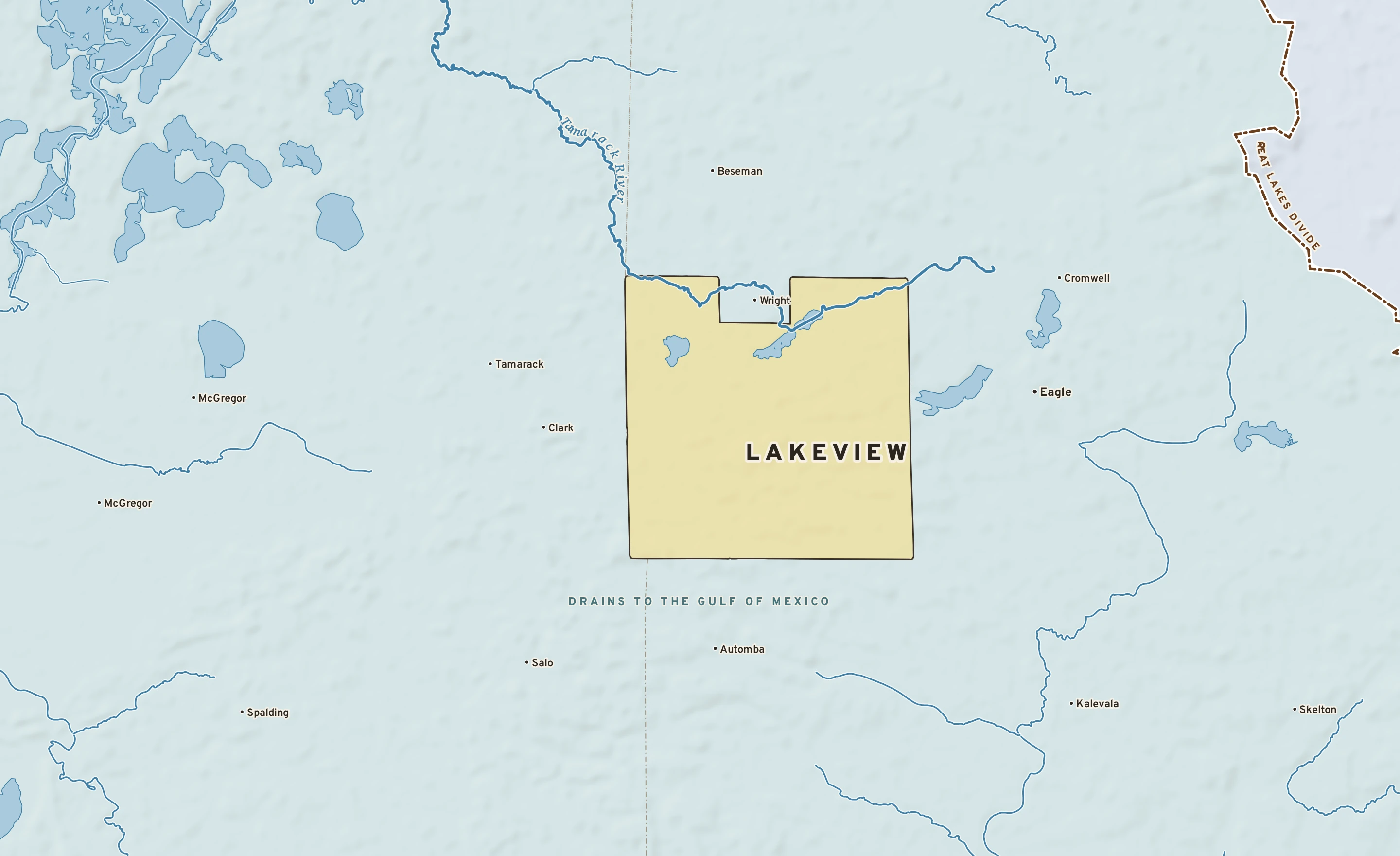 Shaded-relief atlas plate of Lakeview, Minnesota: rivers, roads, the city limits and where the water drains.