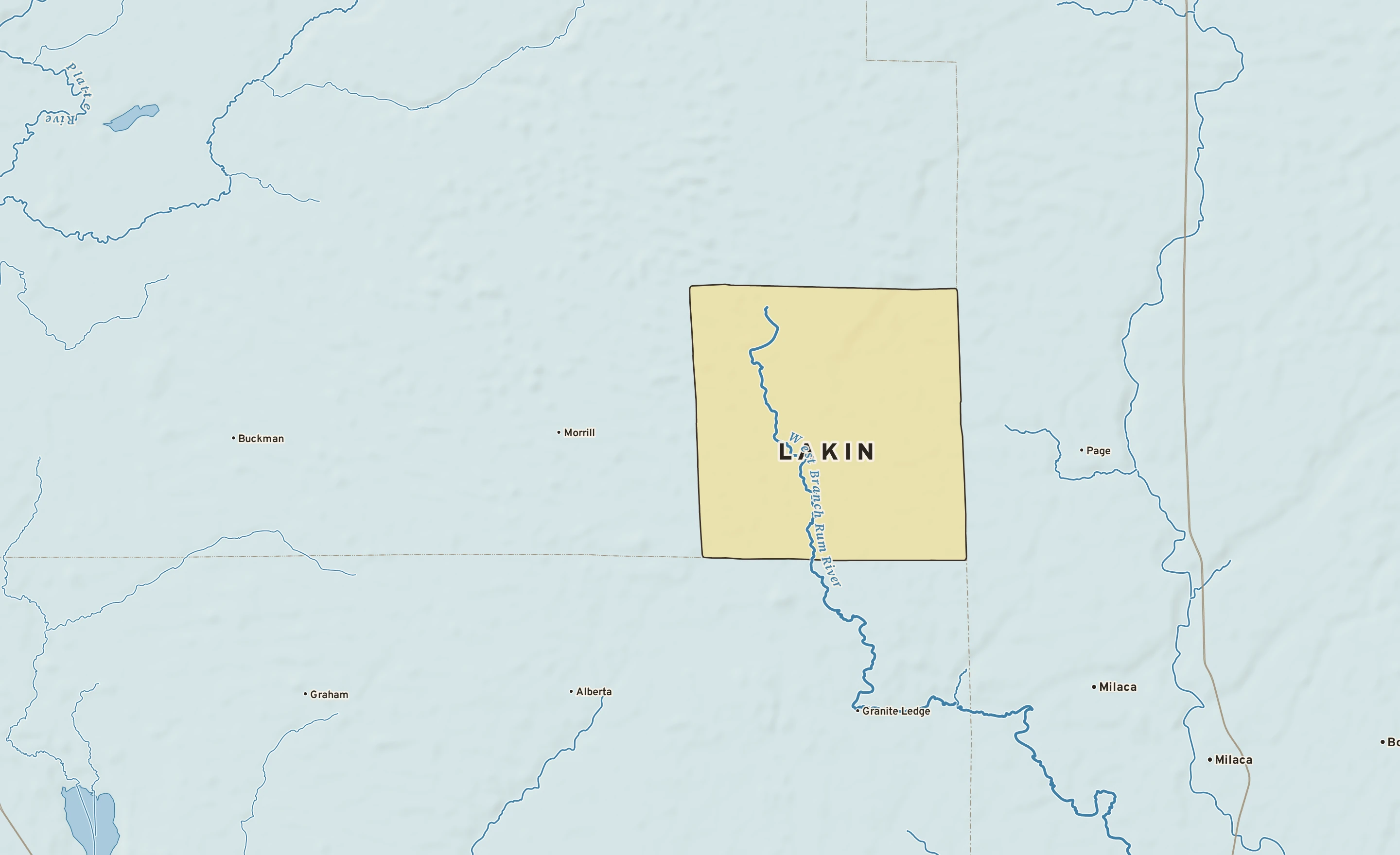 Shaded-relief atlas plate of Lakin, Minnesota: rivers, roads, the city limits and where the water drains.