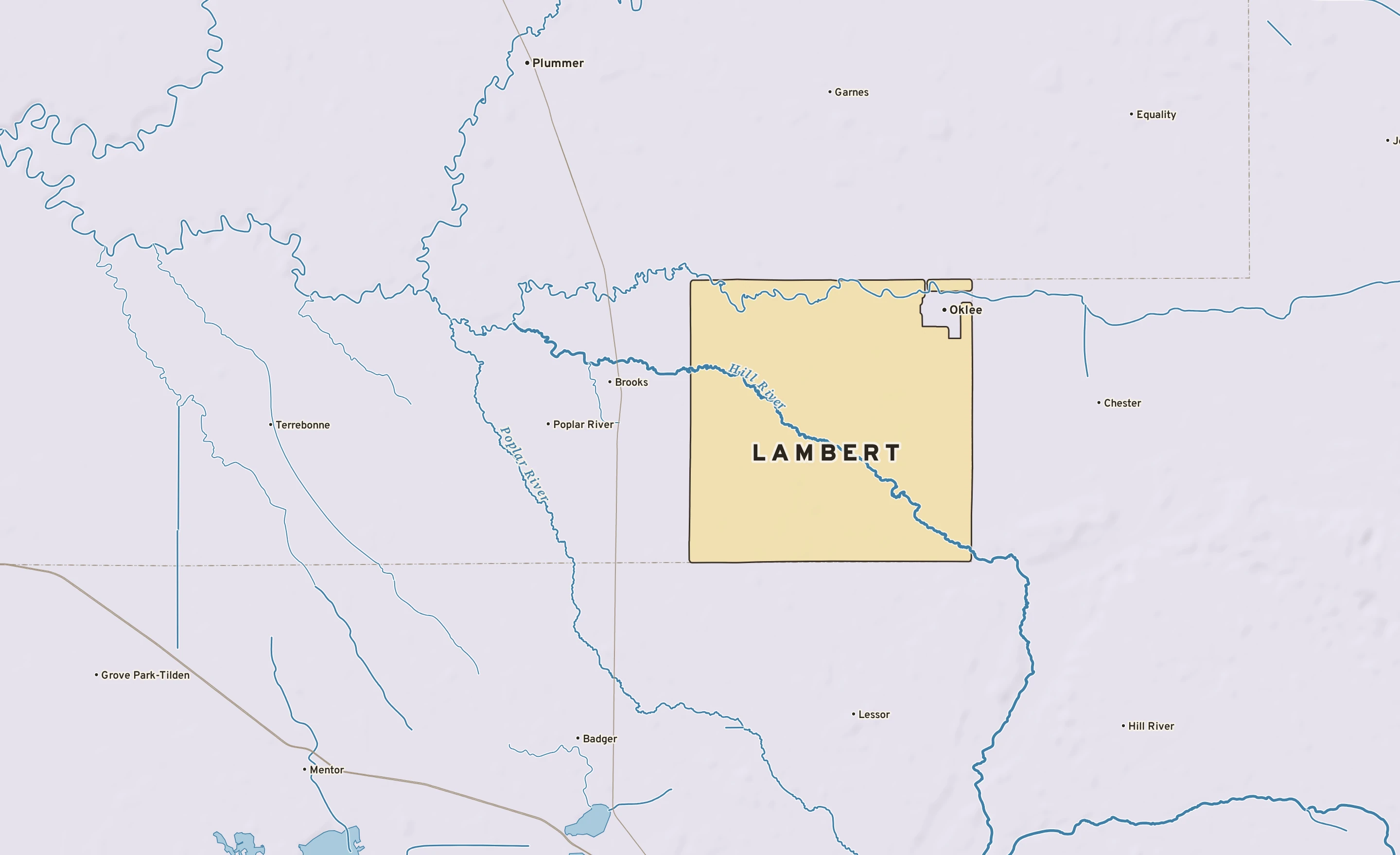 Shaded-relief atlas plate of Lambert, Minnesota: rivers, roads, the city limits and where the water drains.