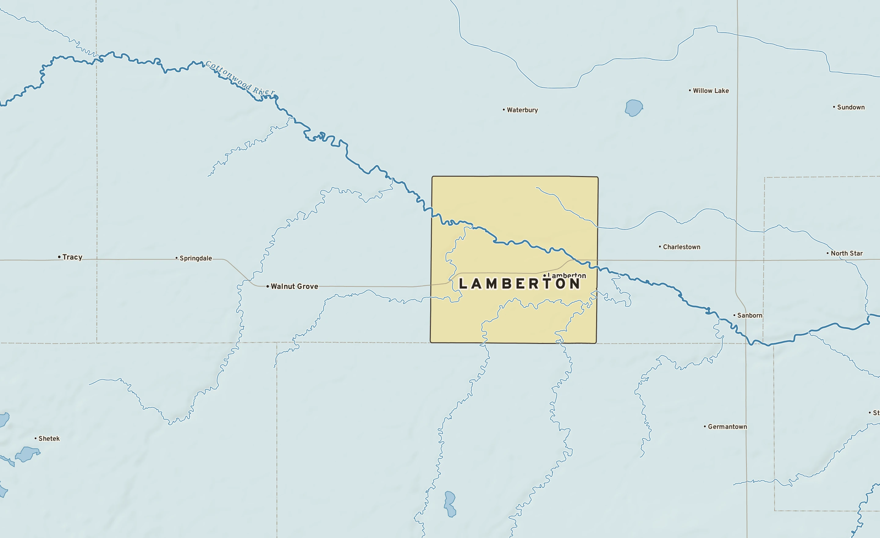 Shaded-relief atlas plate of Lamberton, Minnesota: rivers, roads, the city limits and where the water drains.