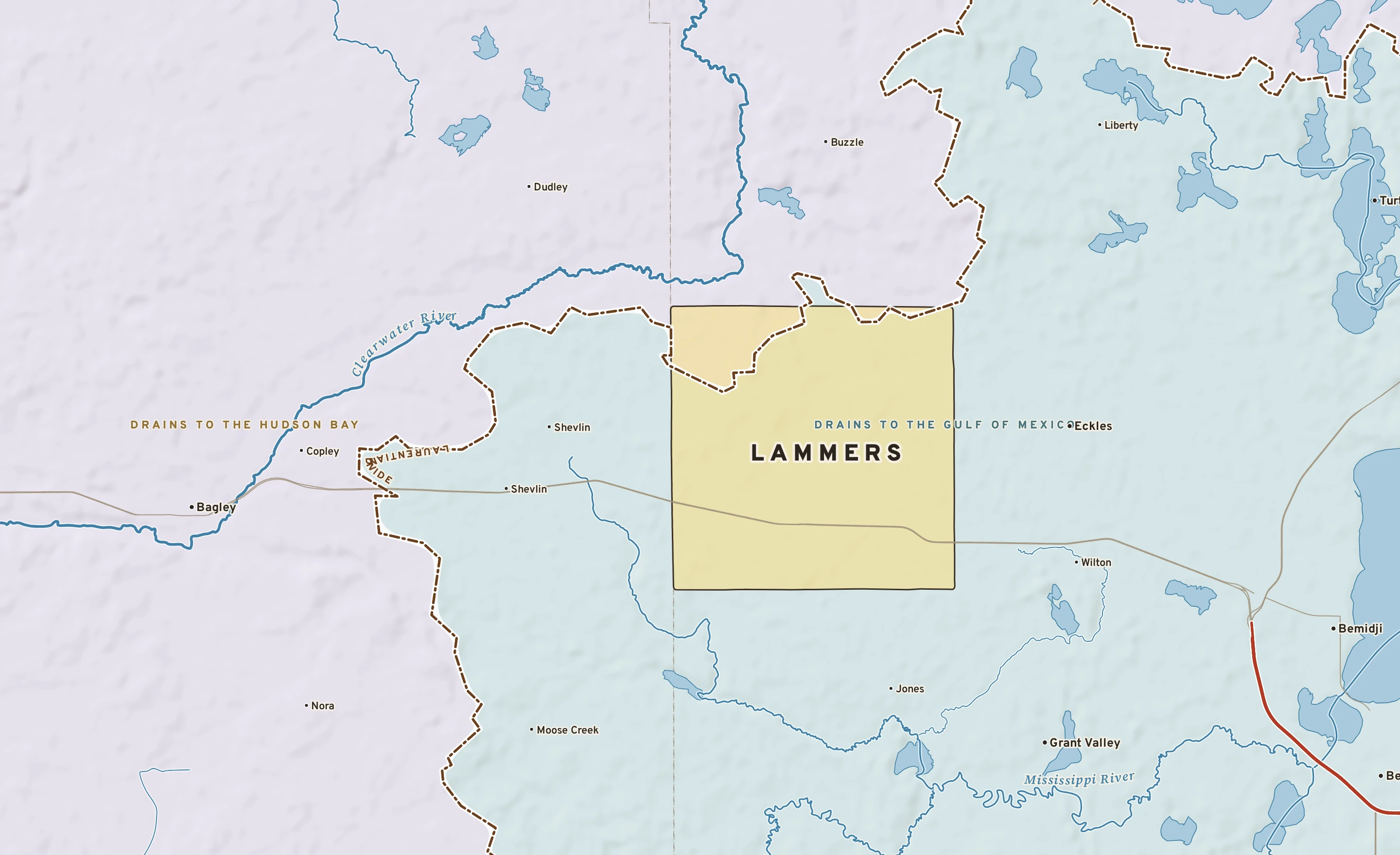 Shaded-relief atlas plate of Lammers, Minnesota: rivers, roads, the city limits and where the water drains.