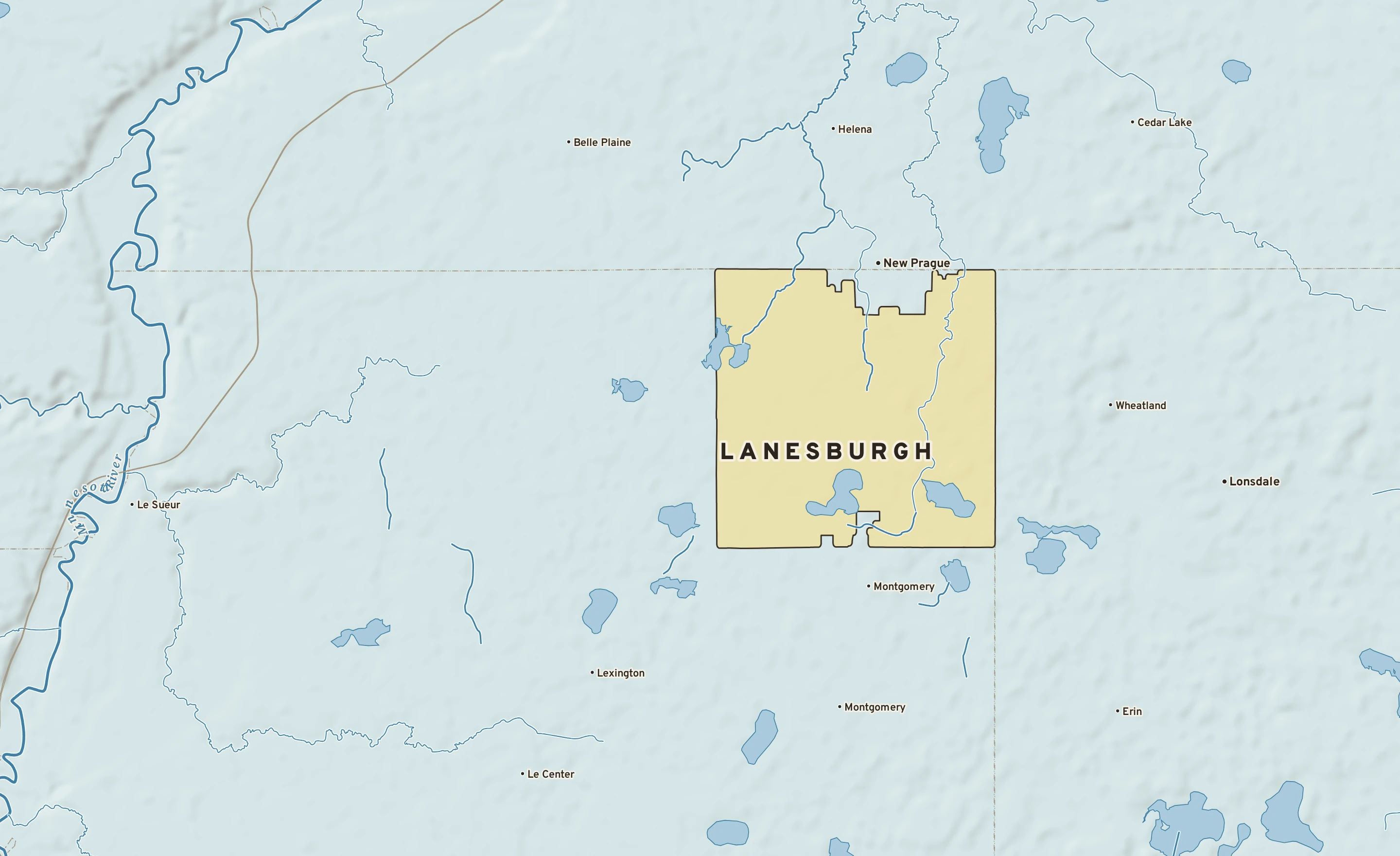Shaded-relief atlas plate of Lanesburgh, Minnesota: rivers, roads, the city limits and where the water drains.