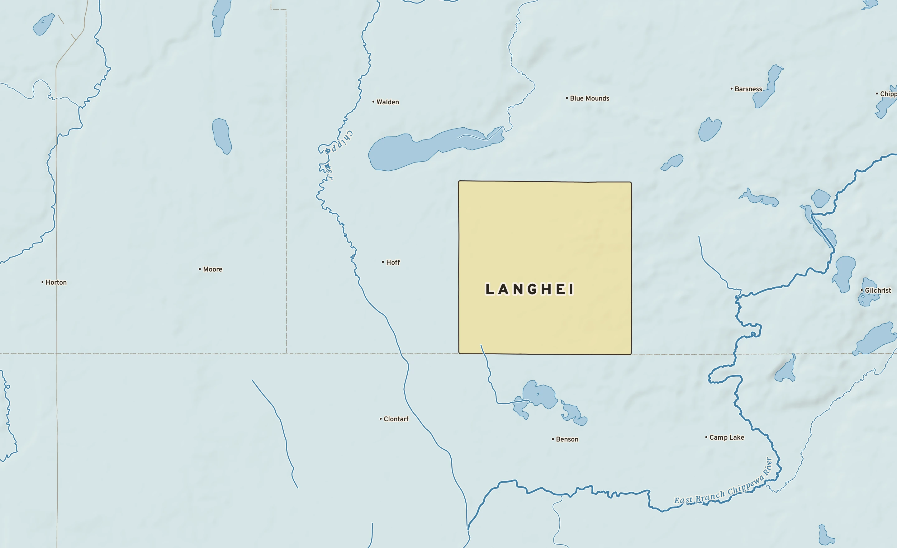 Shaded-relief atlas plate of Langhei, Minnesota: rivers, roads, the city limits and where the water drains.
