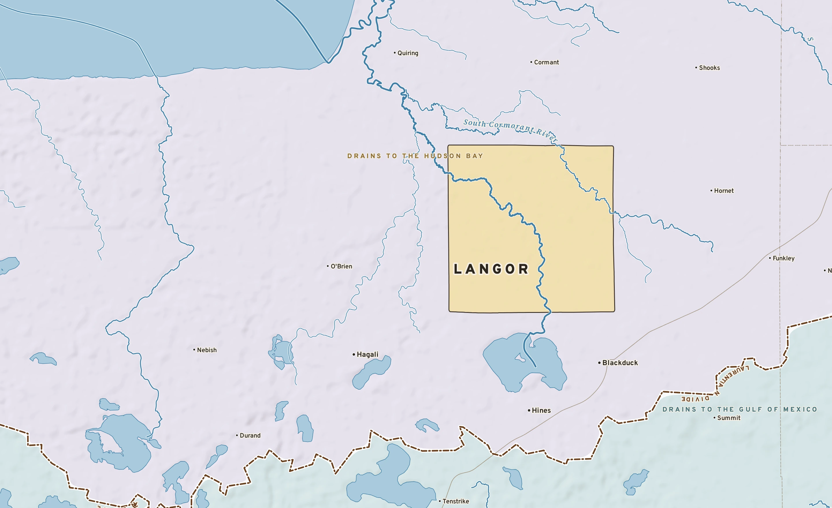 Shaded-relief atlas plate of Langor, Minnesota: rivers, roads, the city limits and where the water drains.