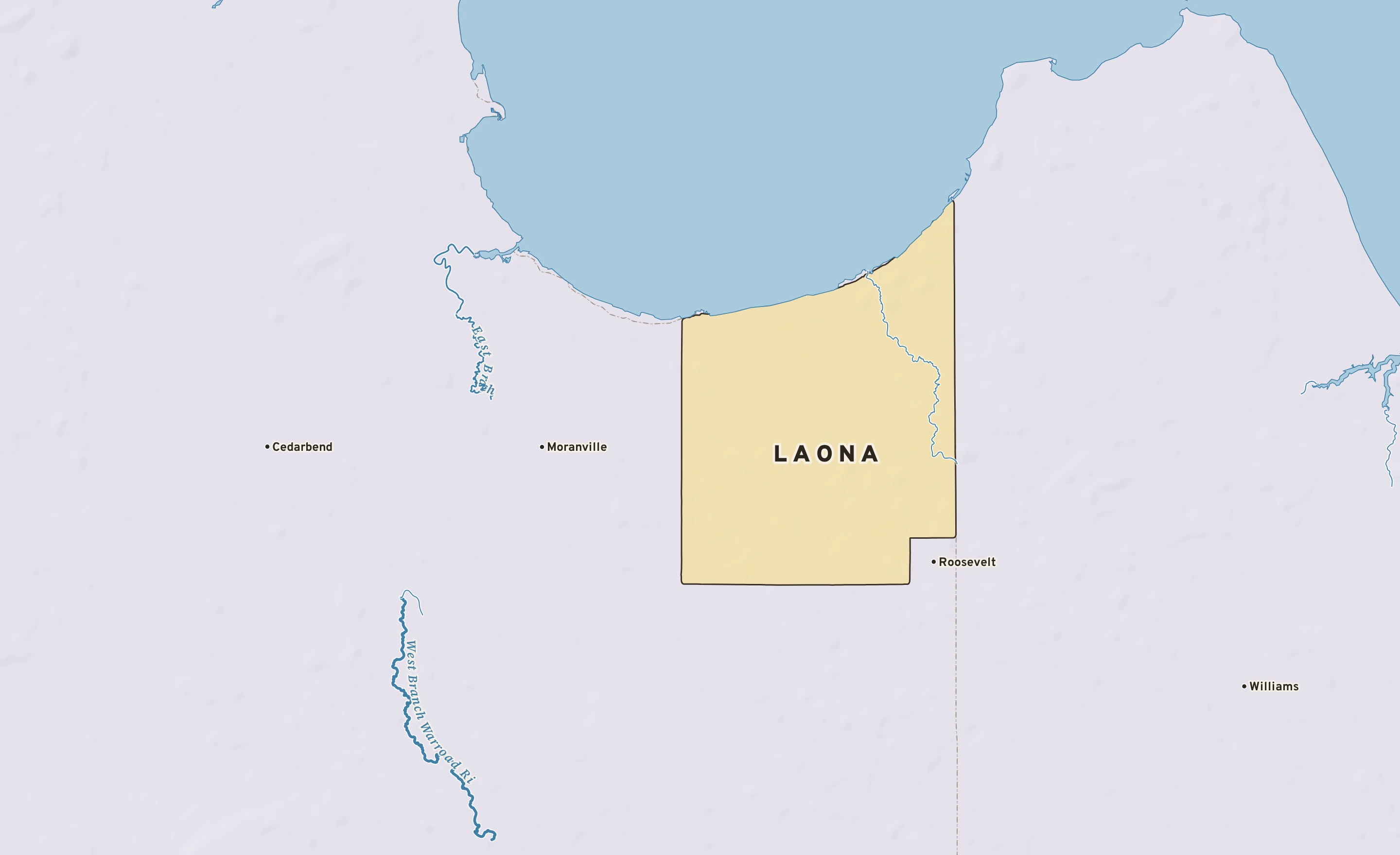 Shaded-relief atlas plate of Laona, Minnesota: rivers, roads, the city limits and where the water drains.