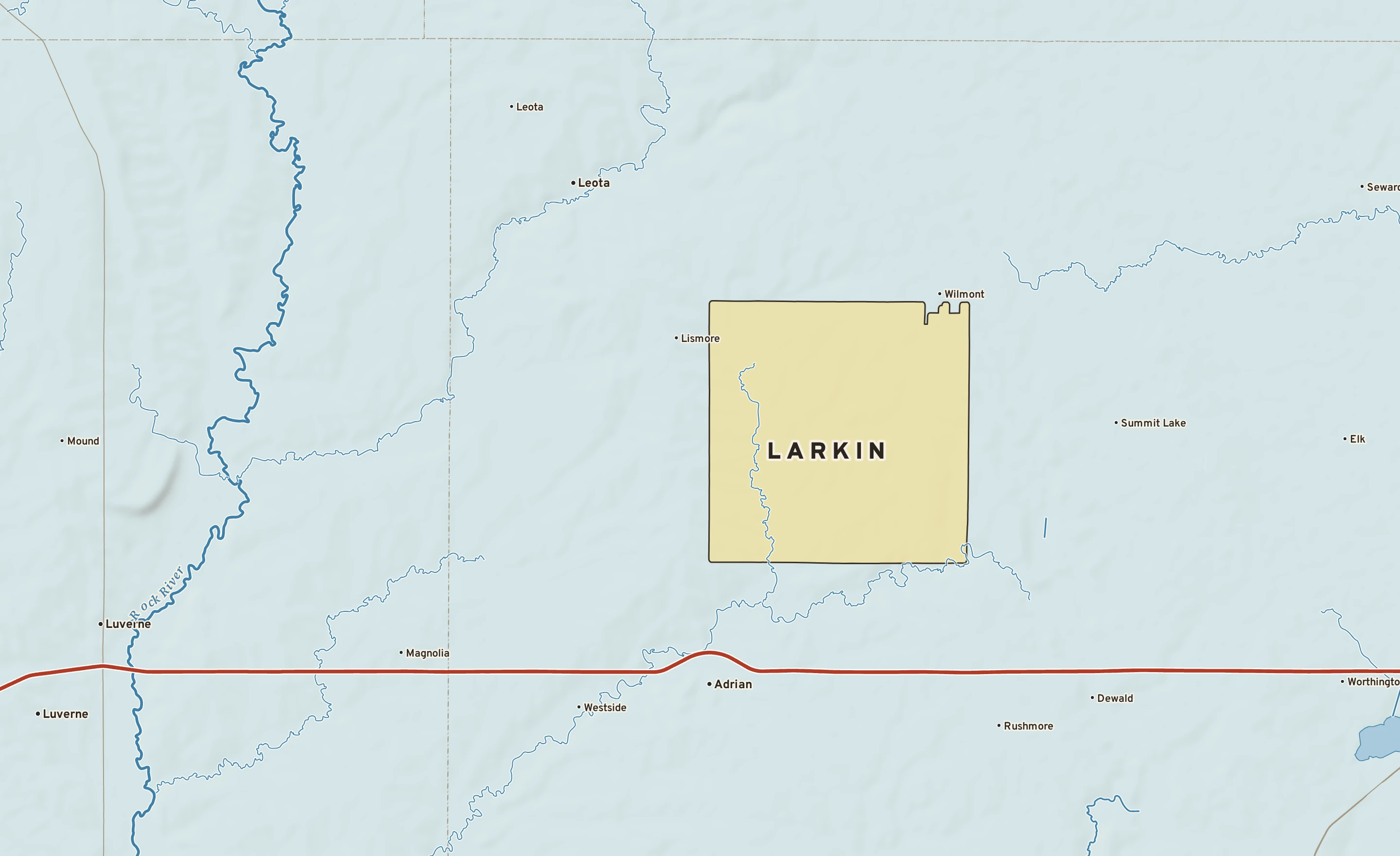 Shaded-relief atlas plate of Larkin, Minnesota: rivers, roads, the city limits and where the water drains.
