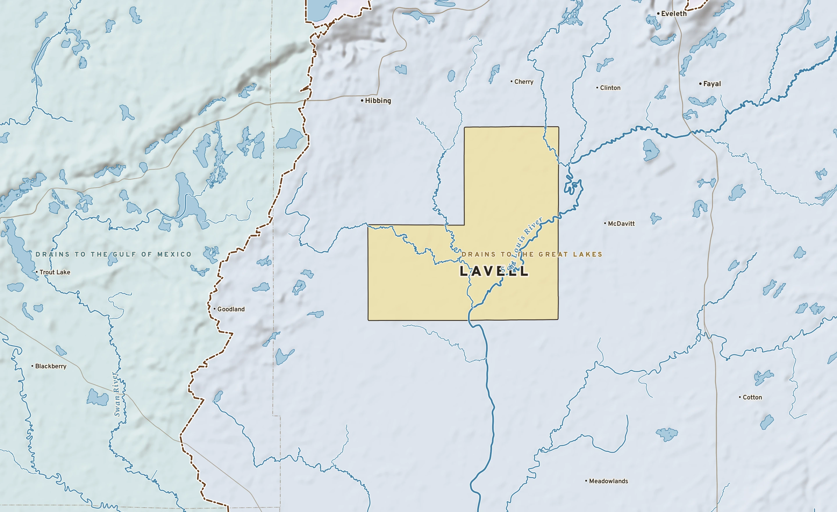 Shaded-relief atlas plate of Lavell, Minnesota: rivers, roads, the city limits and where the water drains.
