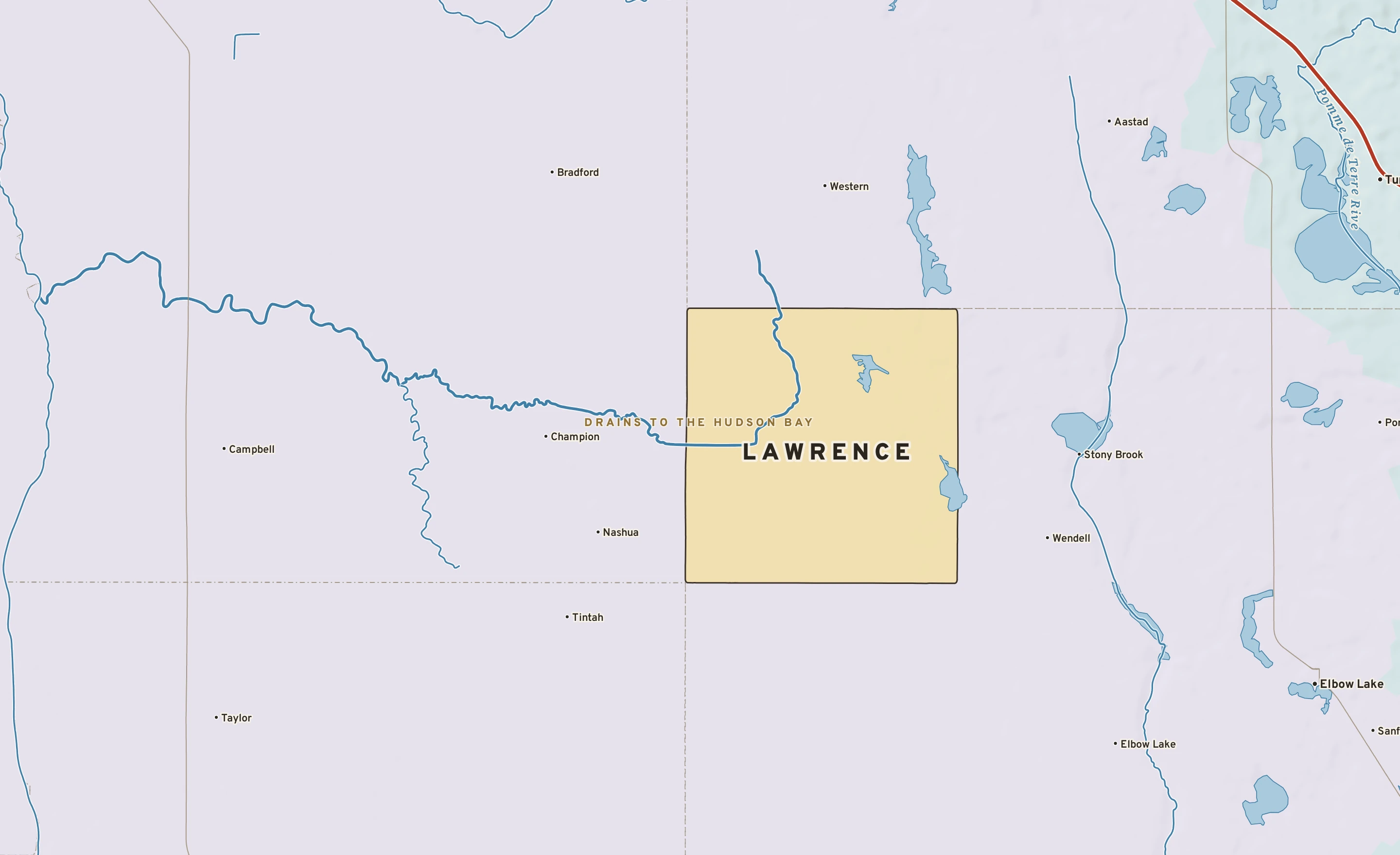 Shaded-relief atlas plate of Lawrence, Minnesota: rivers, roads, the city limits and where the water drains.