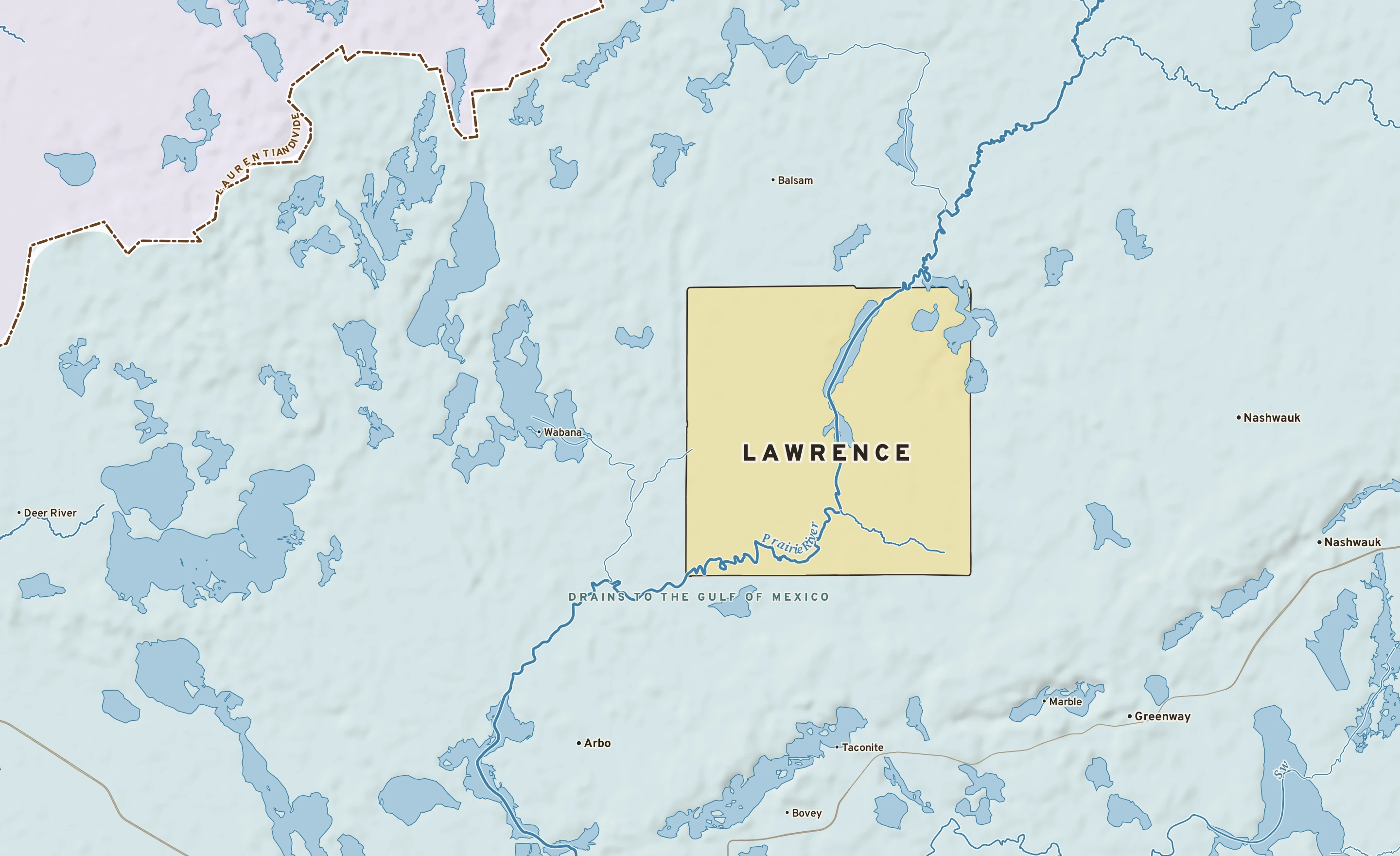 Shaded-relief atlas plate of Lawrence, Minnesota: rivers, roads, the city limits and where the water drains.
