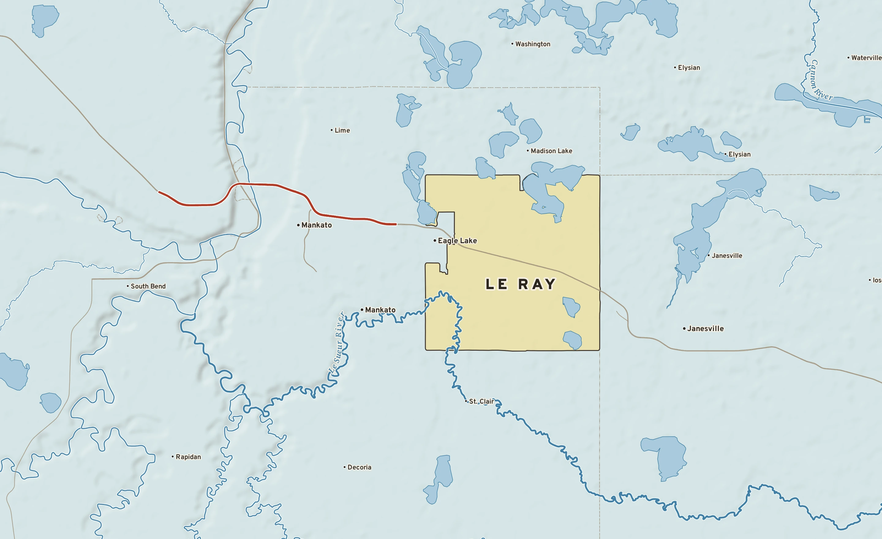 Shaded-relief atlas plate of Le Ray, Minnesota: rivers, roads, the city limits and where the water drains.