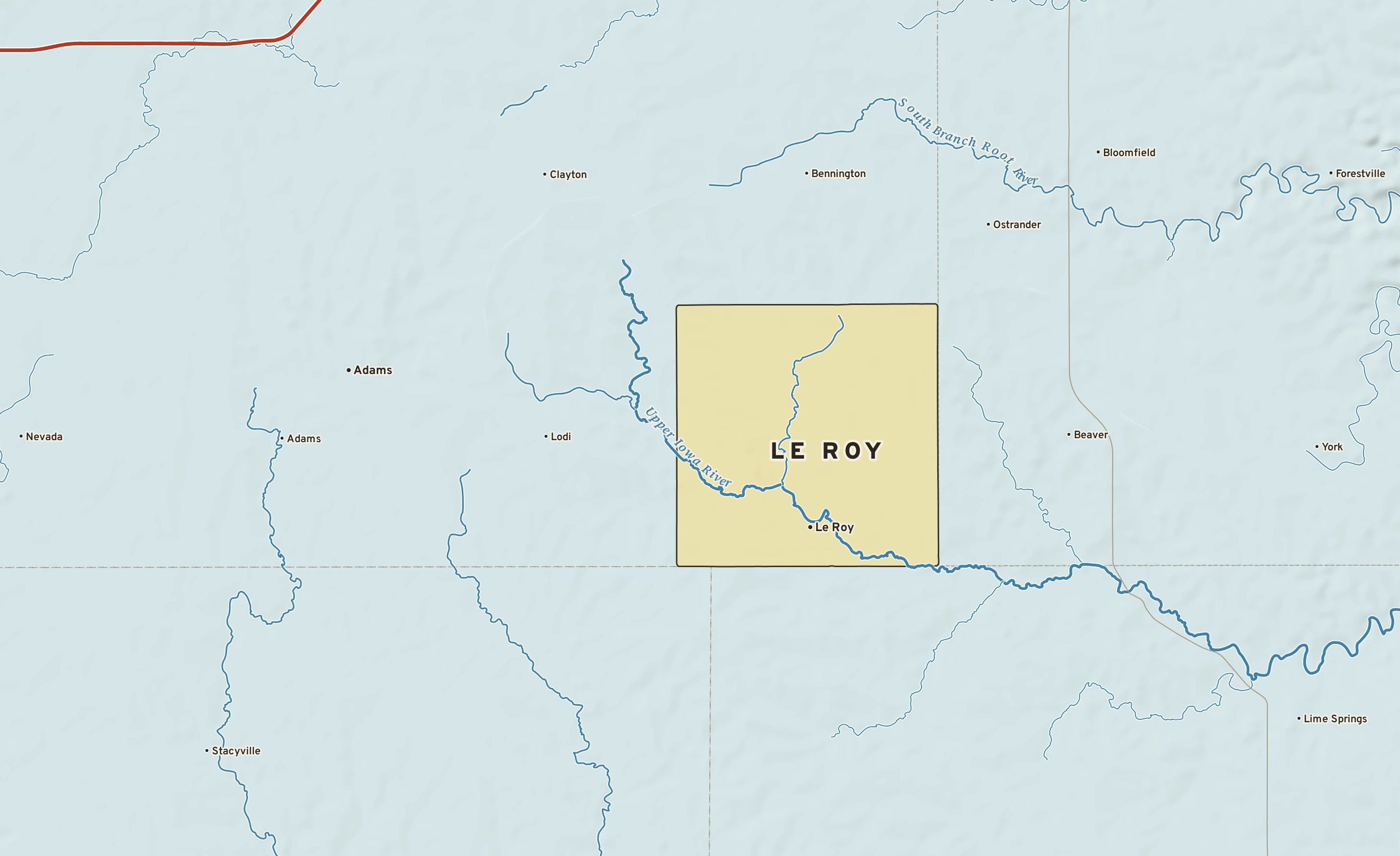 Shaded-relief atlas plate of Le Roy, Minnesota: rivers, roads, the city limits and where the water drains.