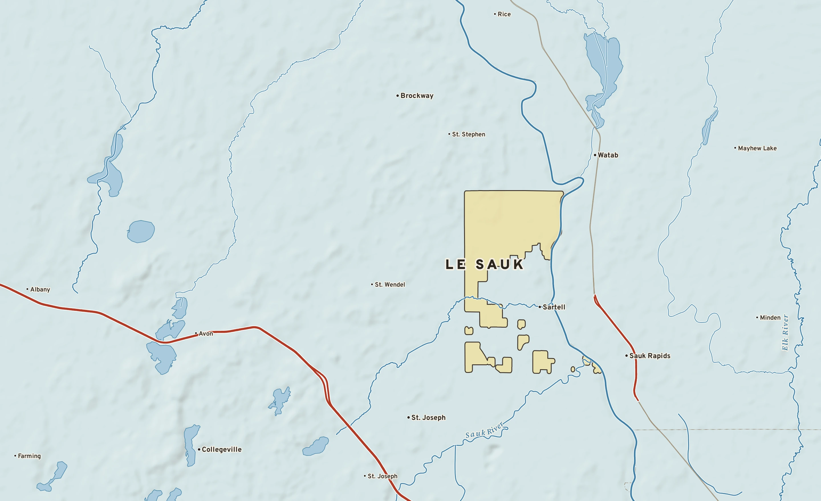 Shaded-relief atlas plate of Le Sauk, Minnesota: rivers, roads, the city limits and where the water drains.