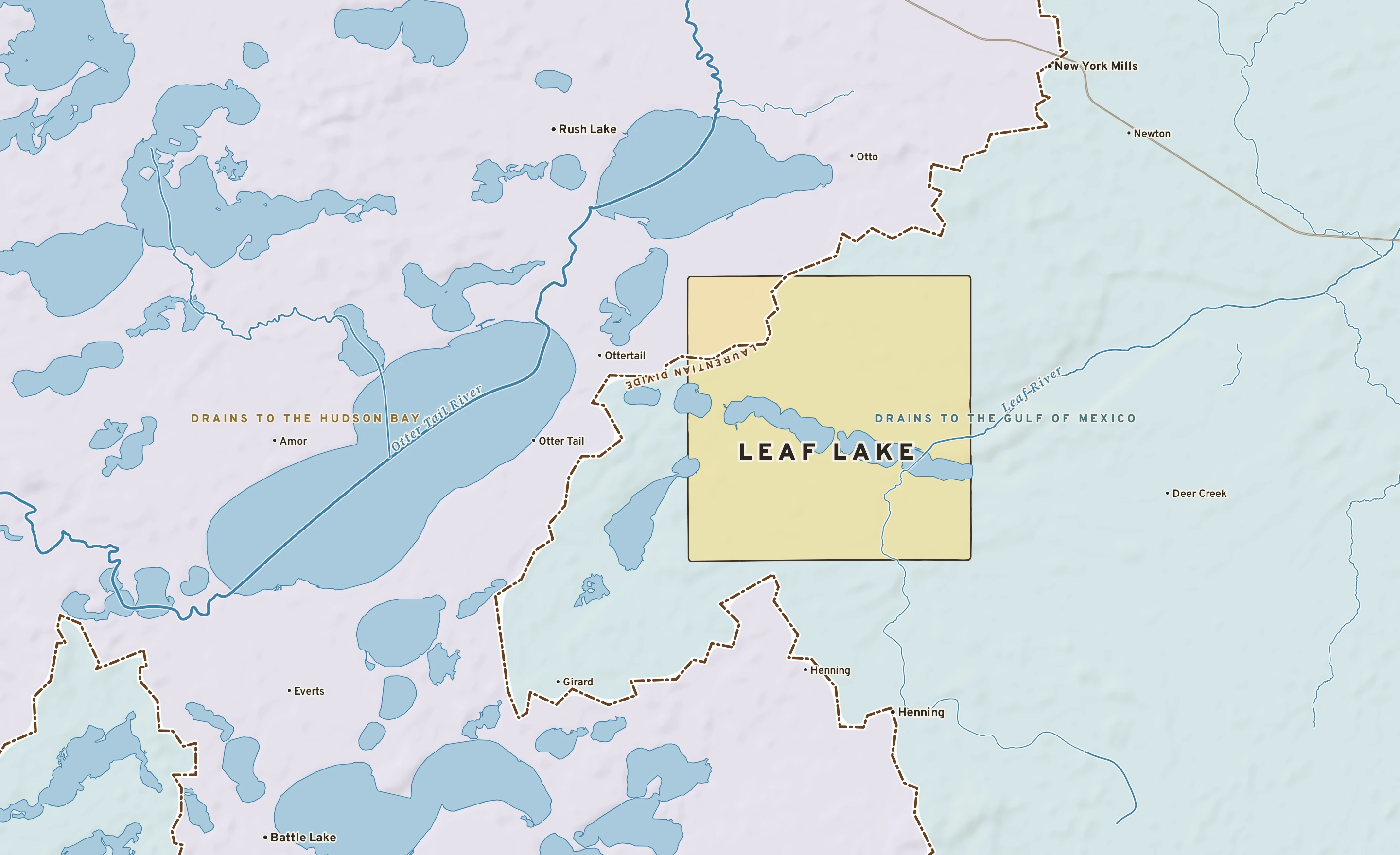 Shaded-relief atlas plate of Leaf Lake, Minnesota: rivers, roads, the city limits and where the water drains.