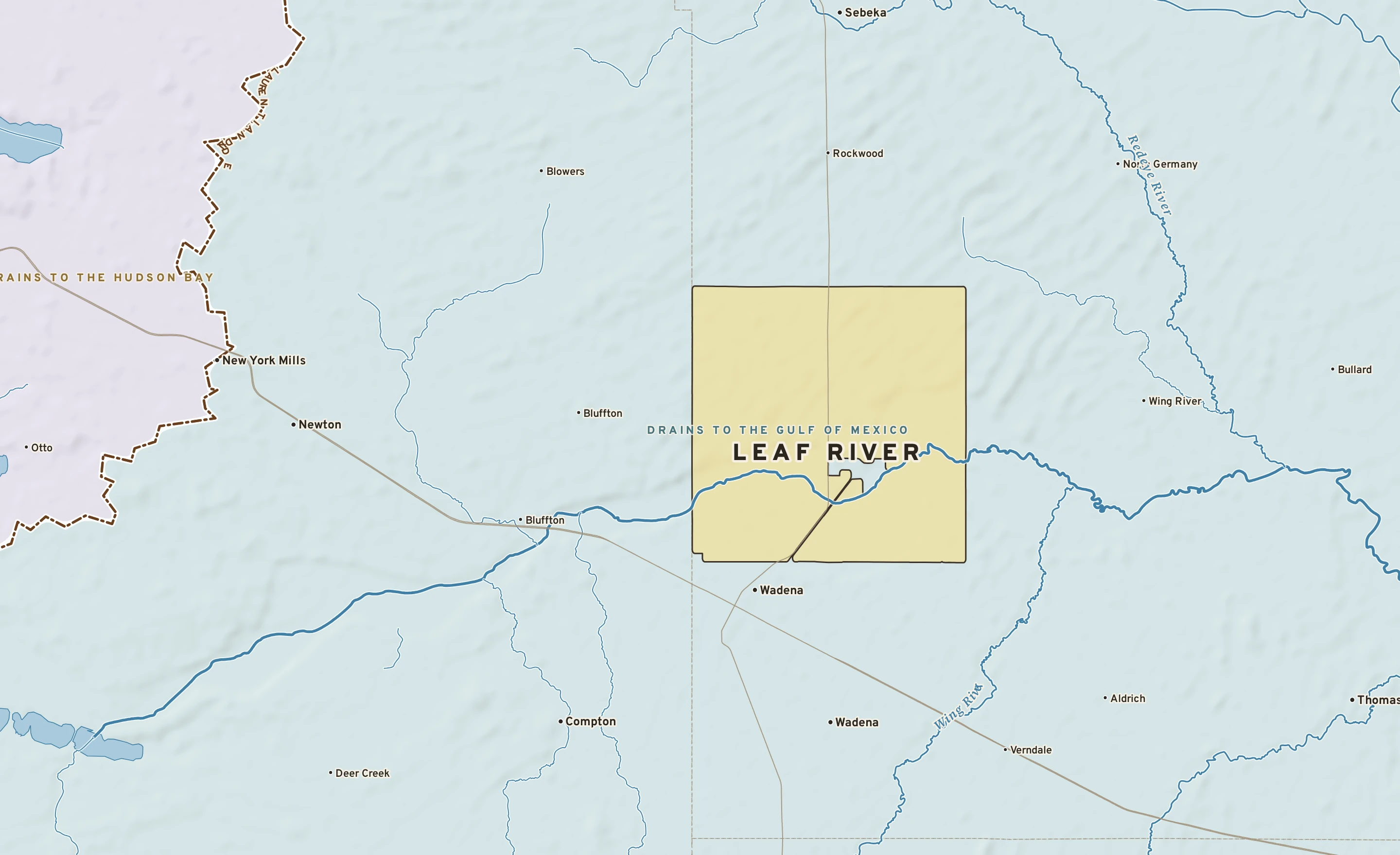Shaded-relief atlas plate of Leaf River, Minnesota: rivers, roads, the city limits and where the water drains.