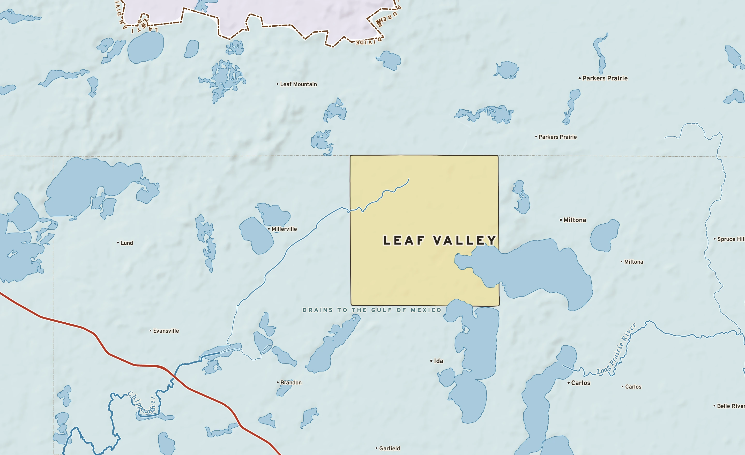 Shaded-relief atlas plate of Leaf Valley, Minnesota: rivers, roads, the city limits and where the water drains.