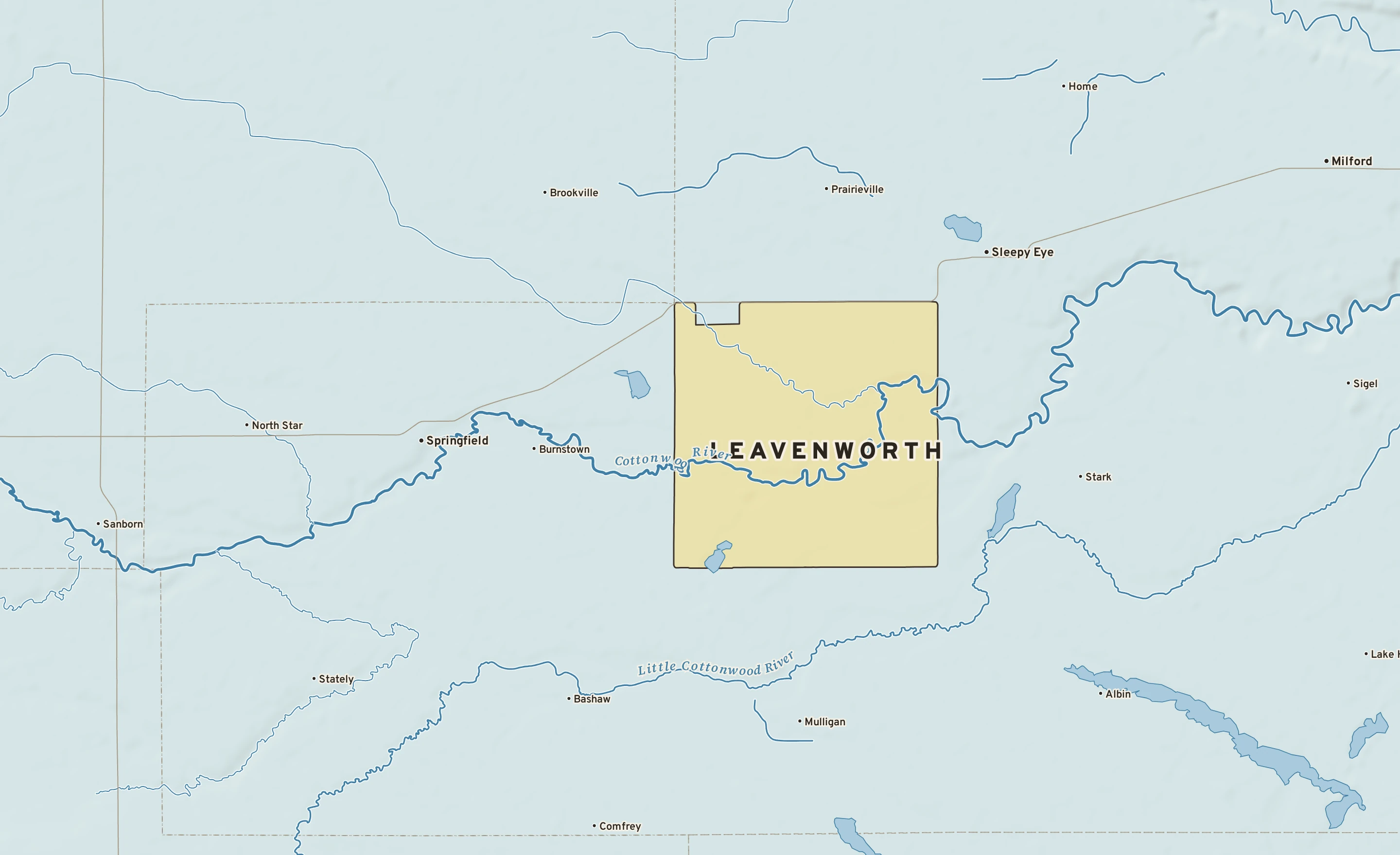 Shaded-relief atlas plate of Leavenworth, Minnesota: rivers, roads, the city limits and where the water drains.