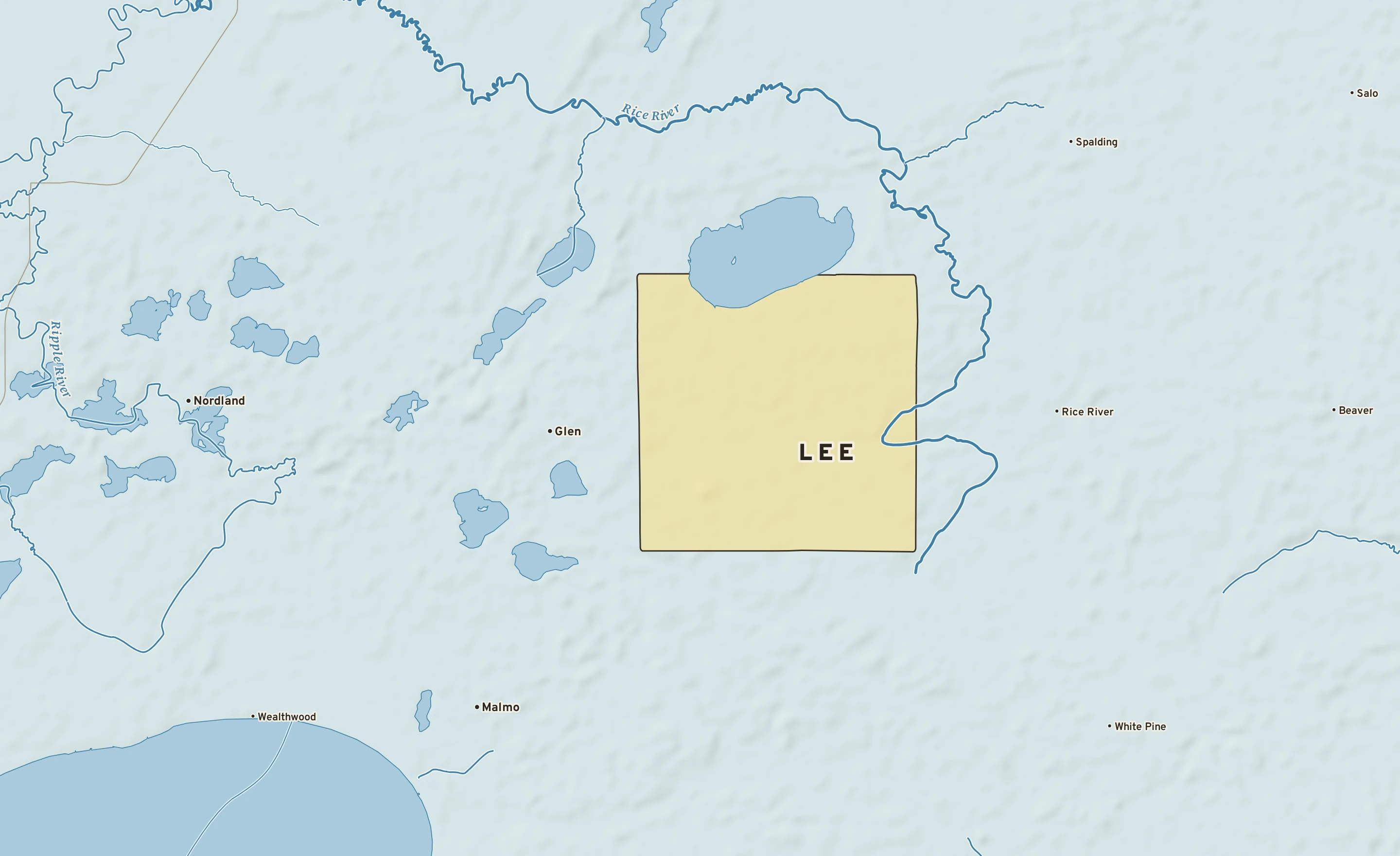 Shaded-relief atlas plate of Lee, Minnesota: rivers, roads, the city limits and where the water drains.
