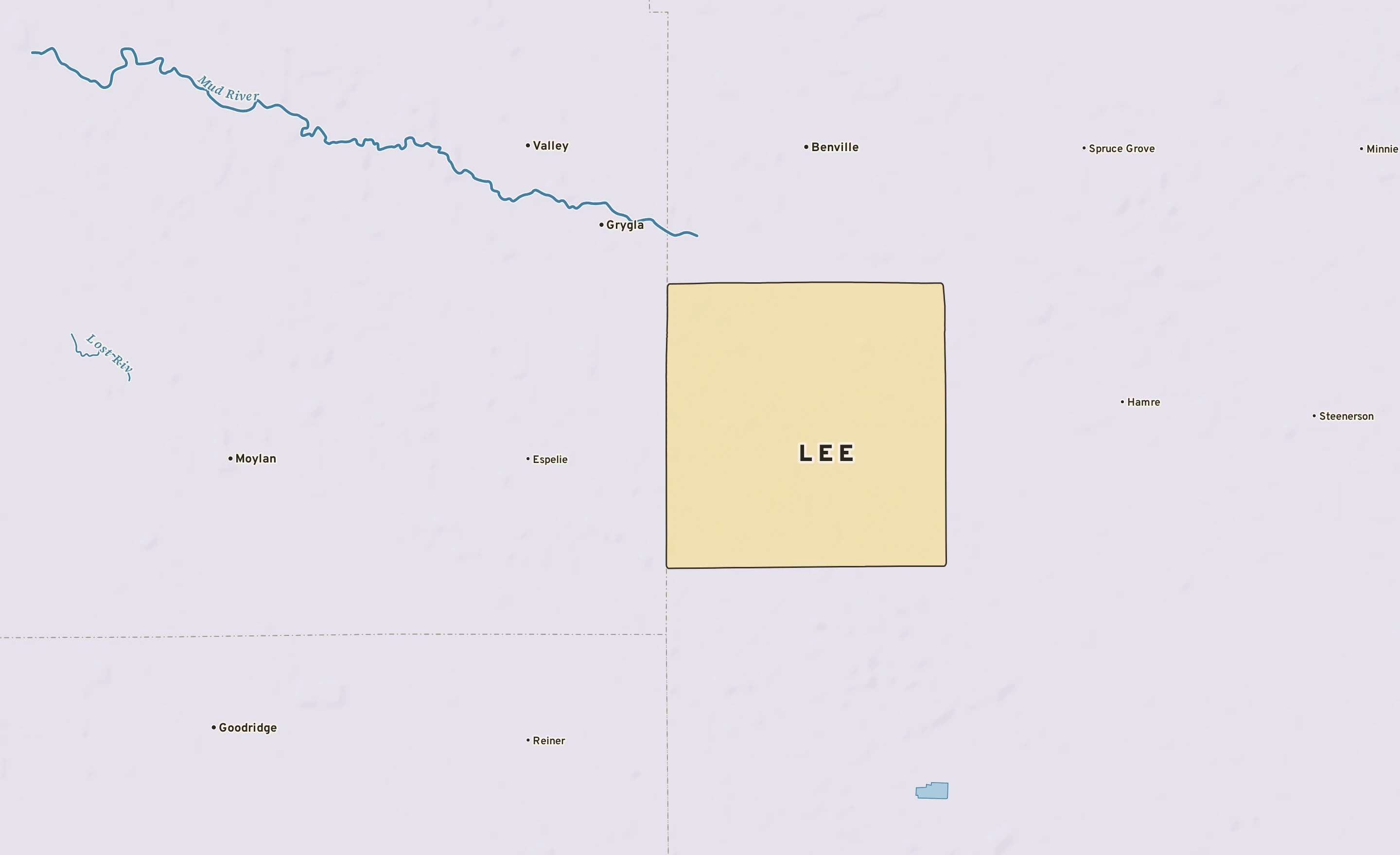 Shaded-relief atlas plate of Lee, Minnesota: rivers, roads, the city limits and where the water drains.