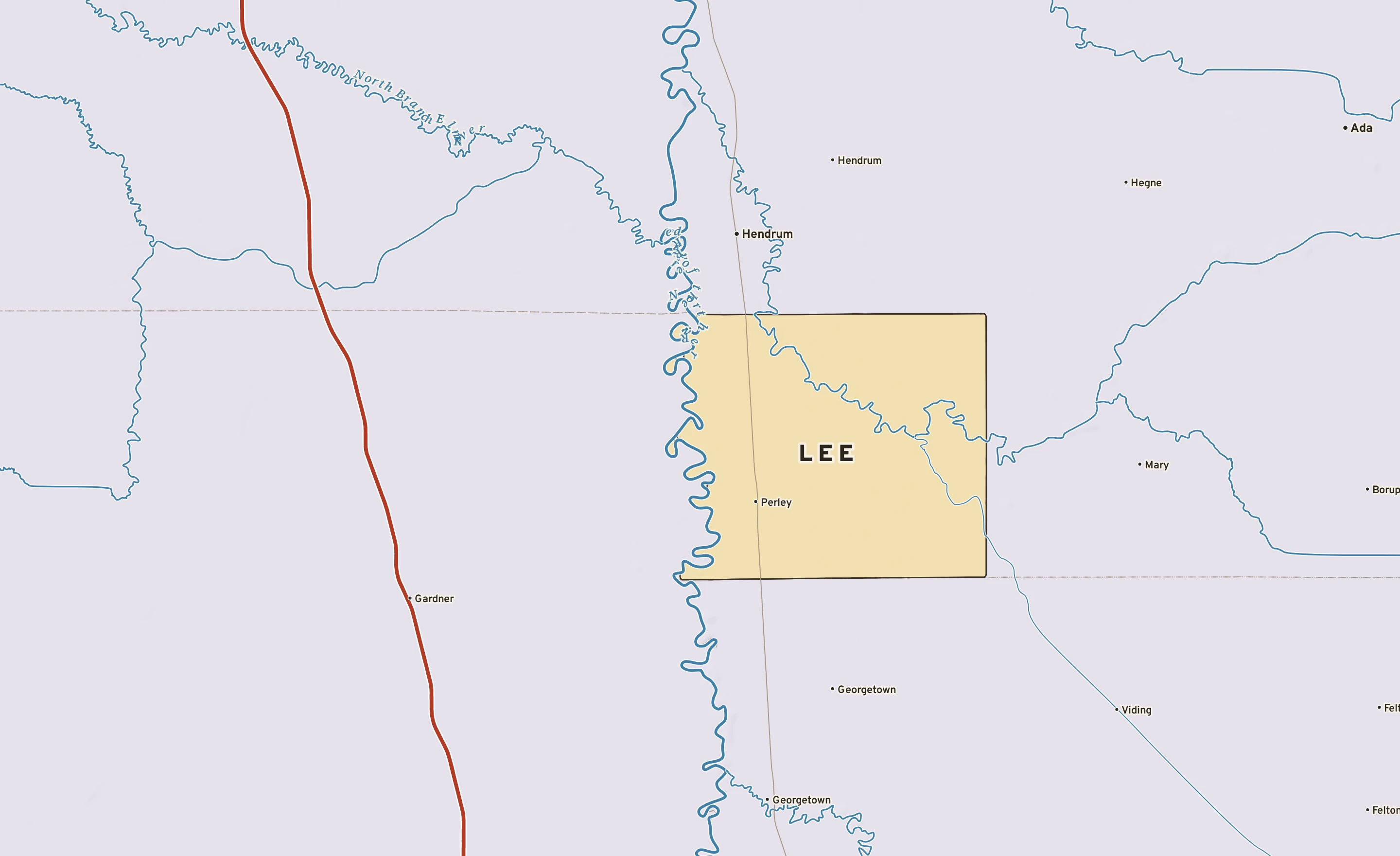 Shaded-relief atlas plate of Lee, Minnesota: rivers, roads, the city limits and where the water drains.