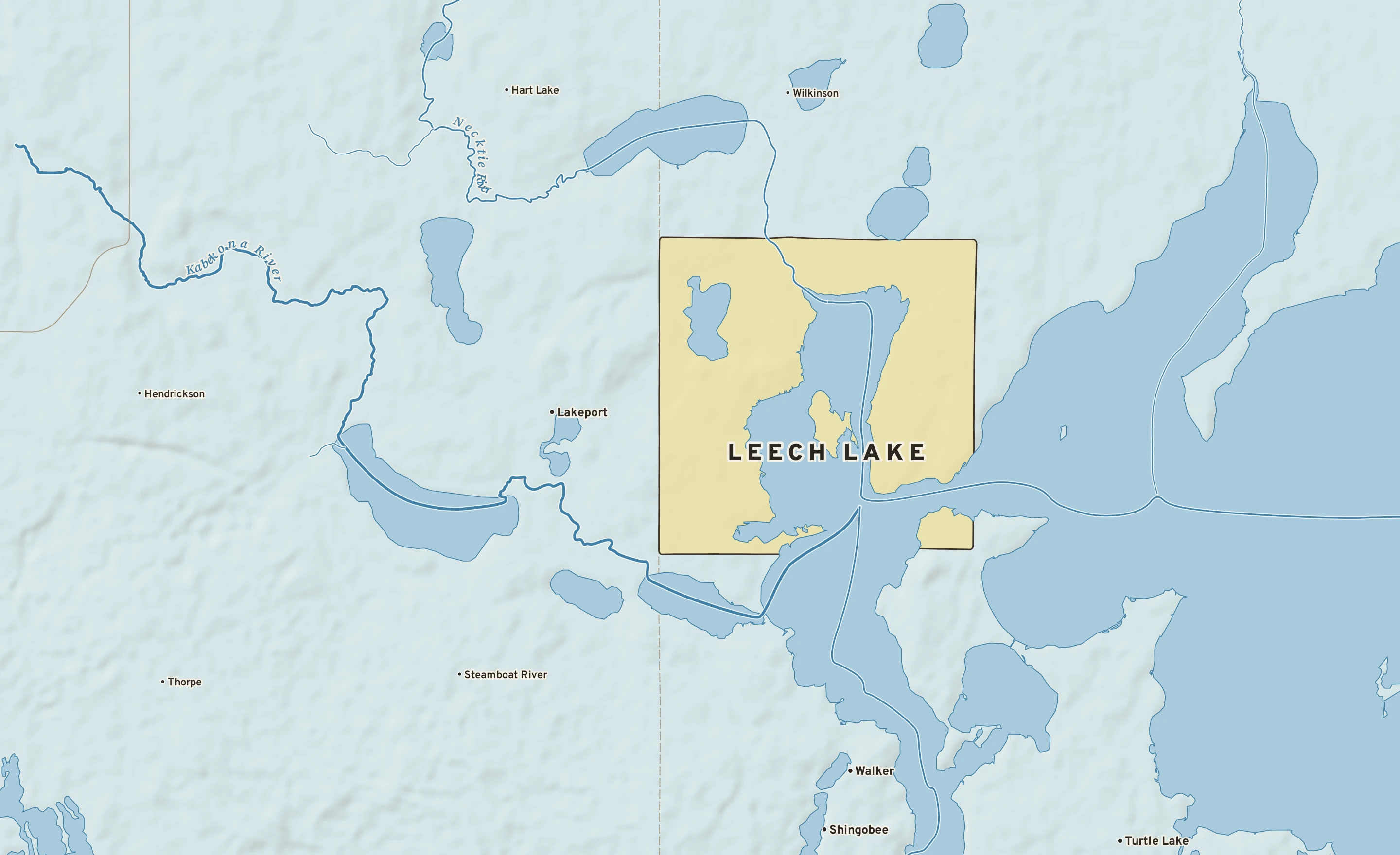 Shaded-relief atlas plate of Leech Lake, Minnesota: rivers, roads, the city limits and where the water drains.