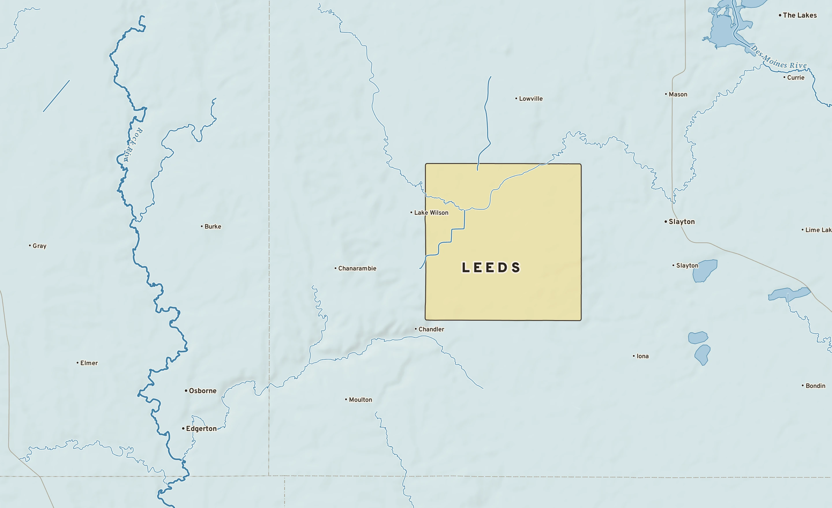 Shaded-relief atlas plate of Leeds, Minnesota: rivers, roads, the city limits and where the water drains.