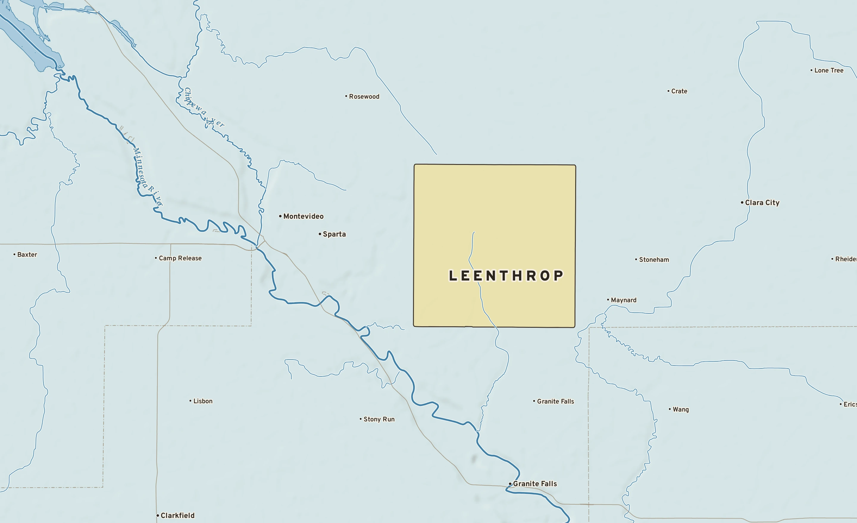 Shaded-relief atlas plate of Leenthrop, Minnesota: rivers, roads, the city limits and where the water drains.