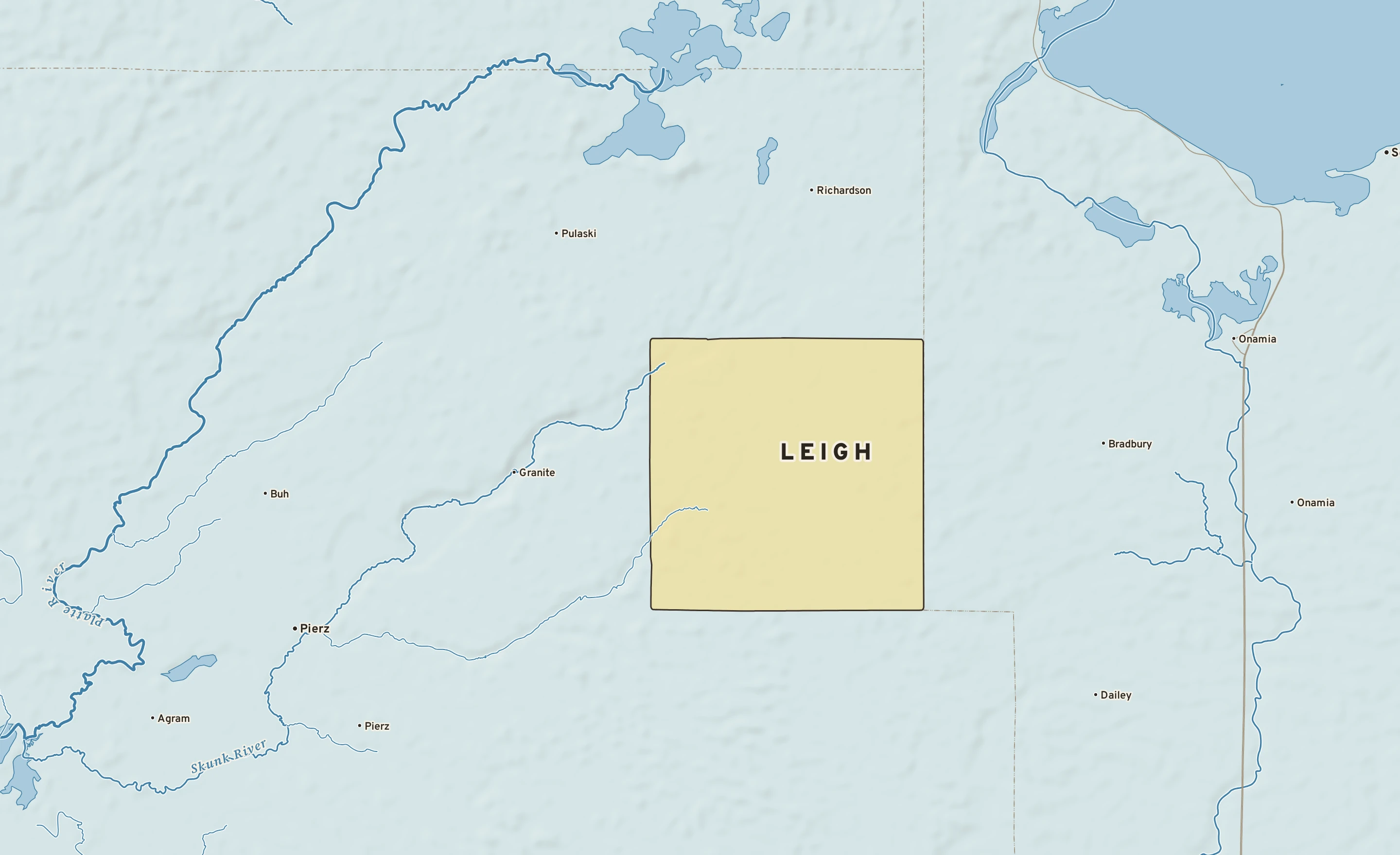 Shaded-relief atlas plate of Leigh, Minnesota: rivers, roads, the city limits and where the water drains.