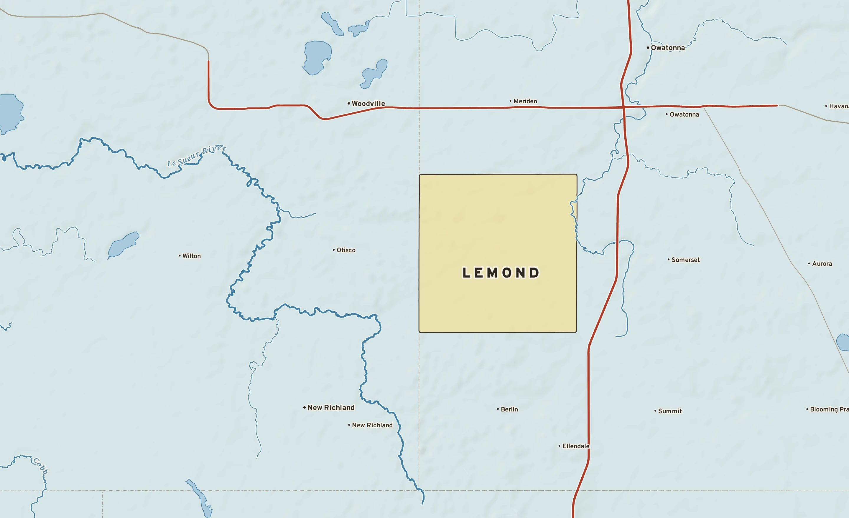 Shaded-relief atlas plate of Lemond, Minnesota: rivers, roads, the city limits and where the water drains.