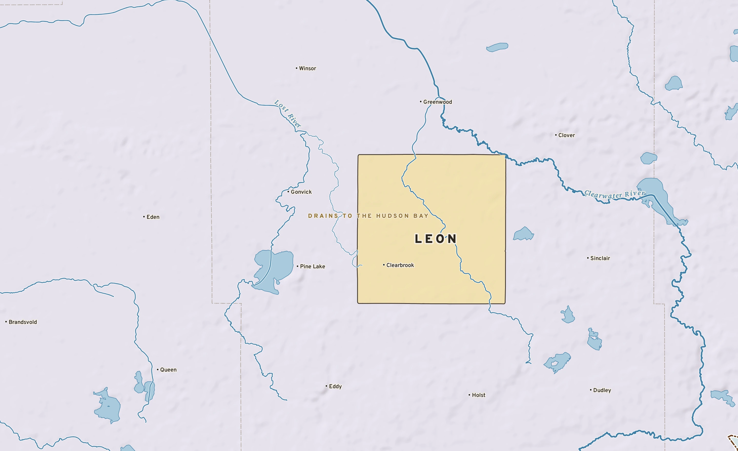 Shaded-relief atlas plate of Leon, Minnesota: rivers, roads, the city limits and where the water drains.