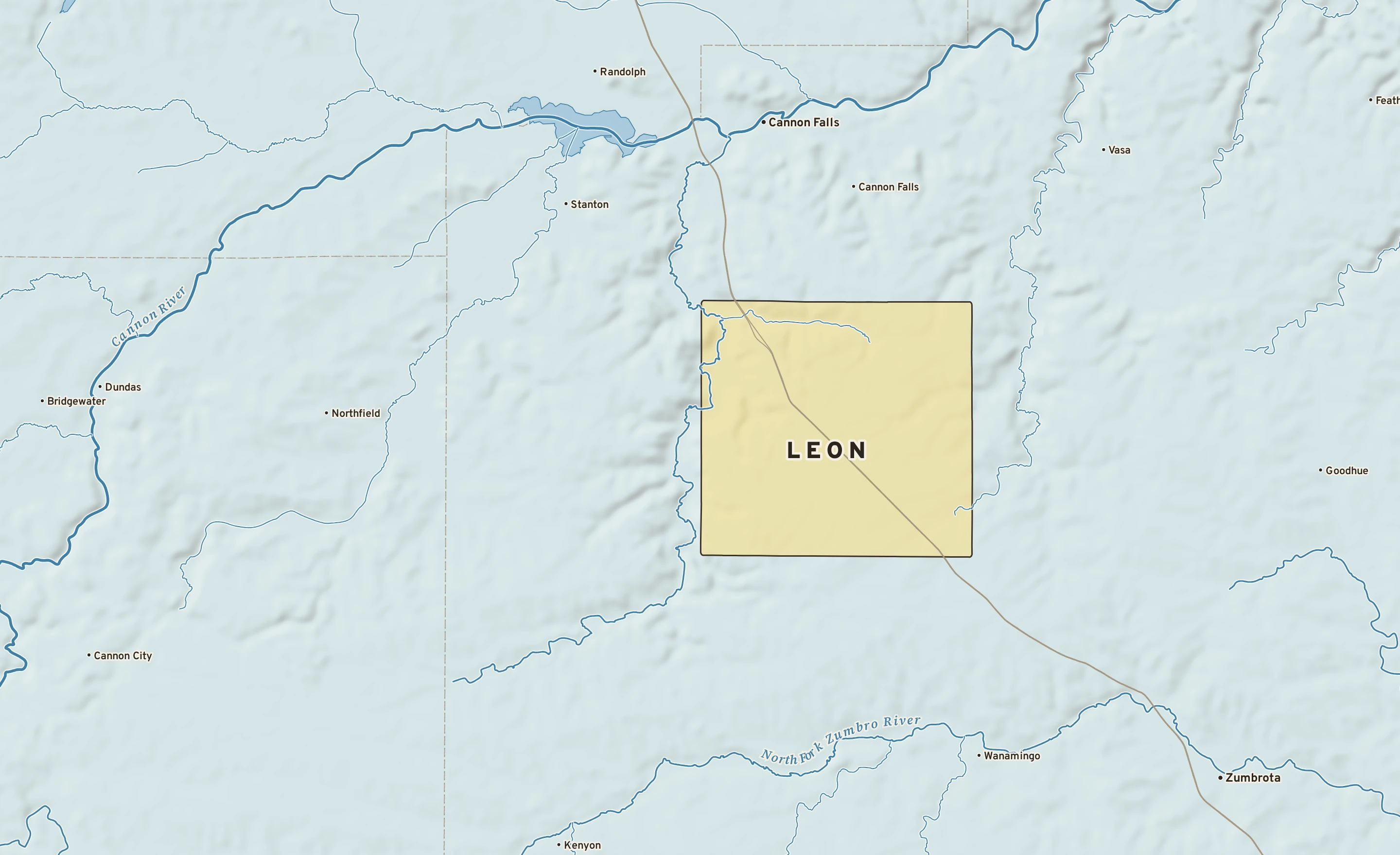Shaded-relief atlas plate of Leon, Minnesota: rivers, roads, the city limits and where the water drains.