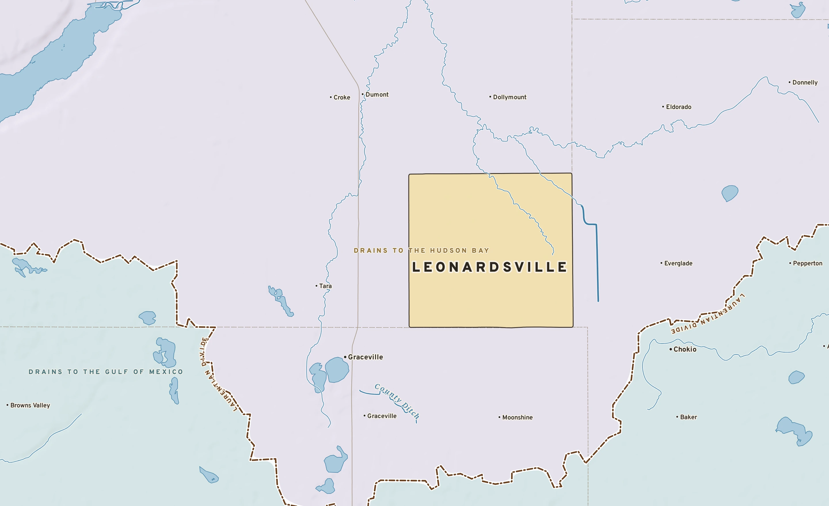 Shaded-relief atlas plate of Leonardsville, Minnesota: rivers, roads, the city limits and where the water drains.