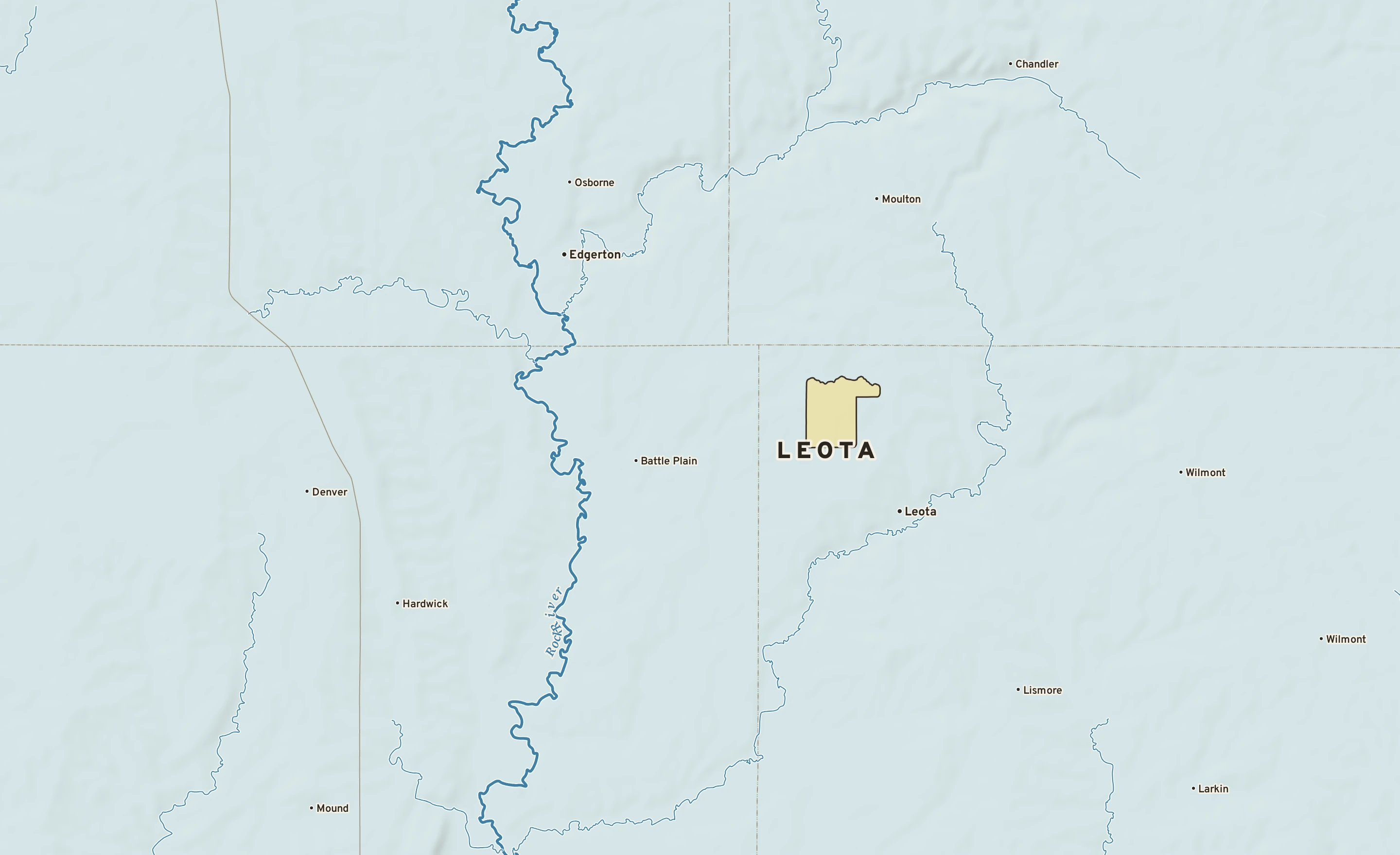 Shaded-relief atlas plate of Leota, Minnesota: rivers, roads, the city limits and where the water drains.