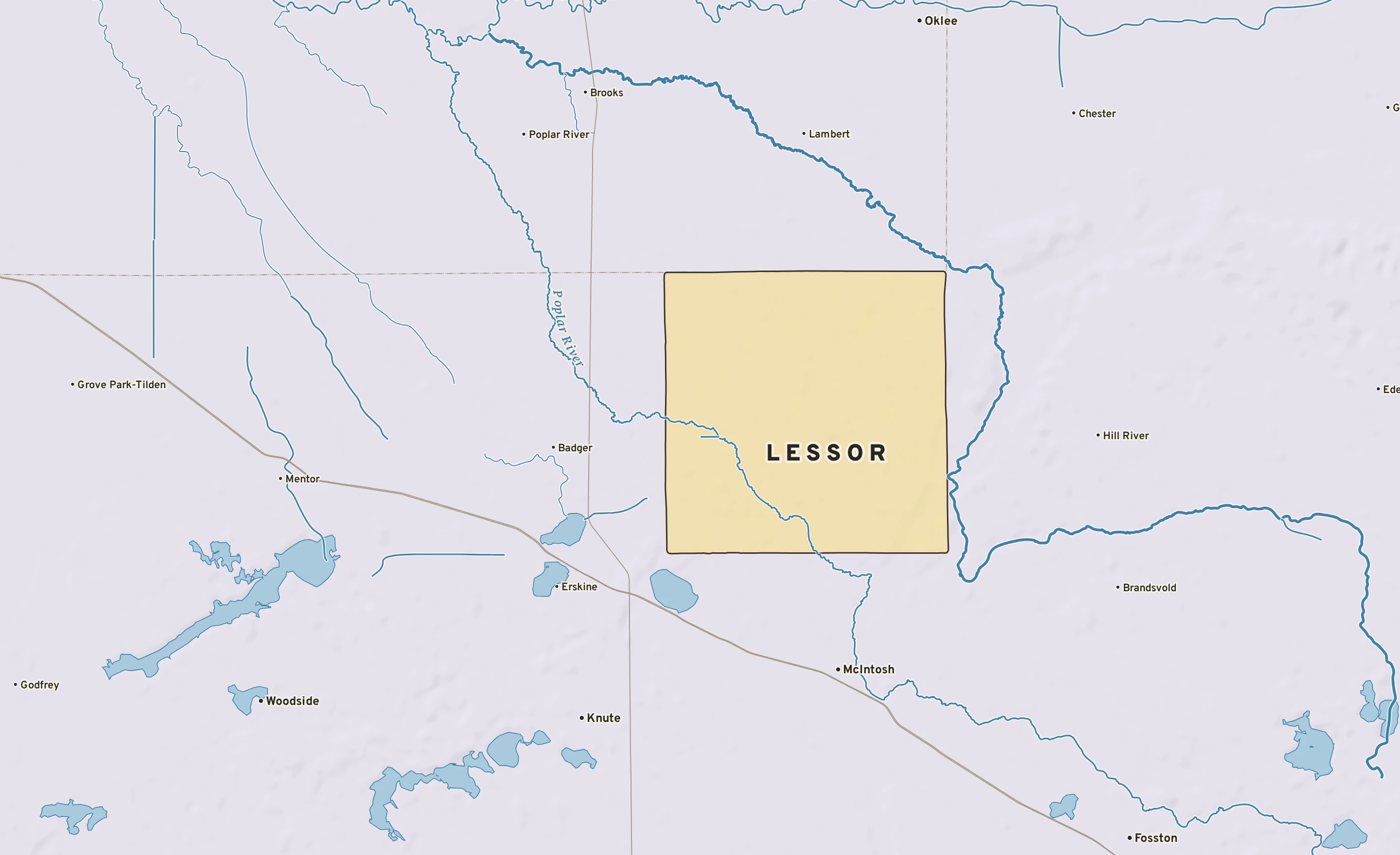 Shaded-relief atlas plate of Lessor, Minnesota: rivers, roads, the city limits and where the water drains.