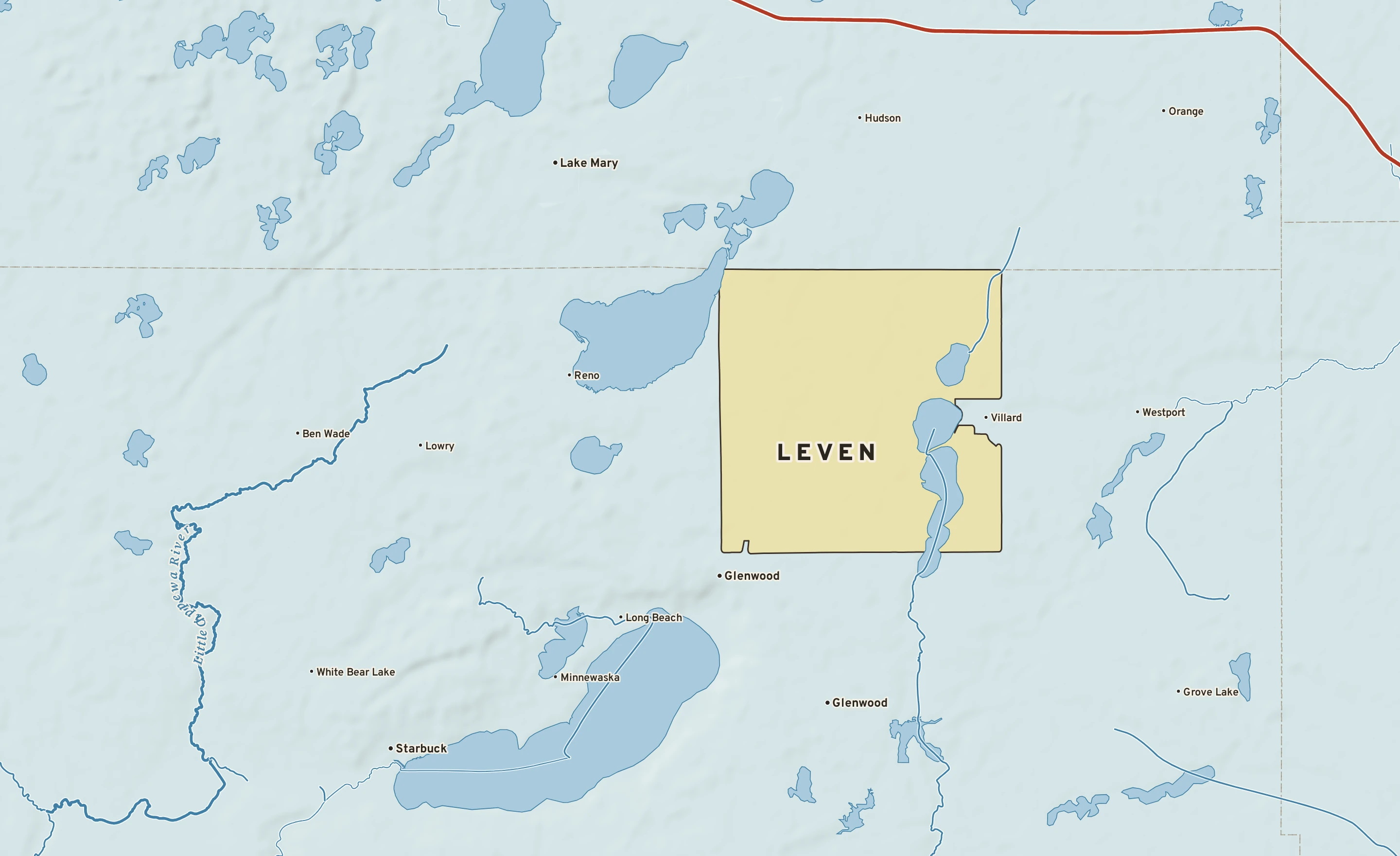 Shaded-relief atlas plate of Leven, Minnesota: rivers, roads, the city limits and where the water drains.