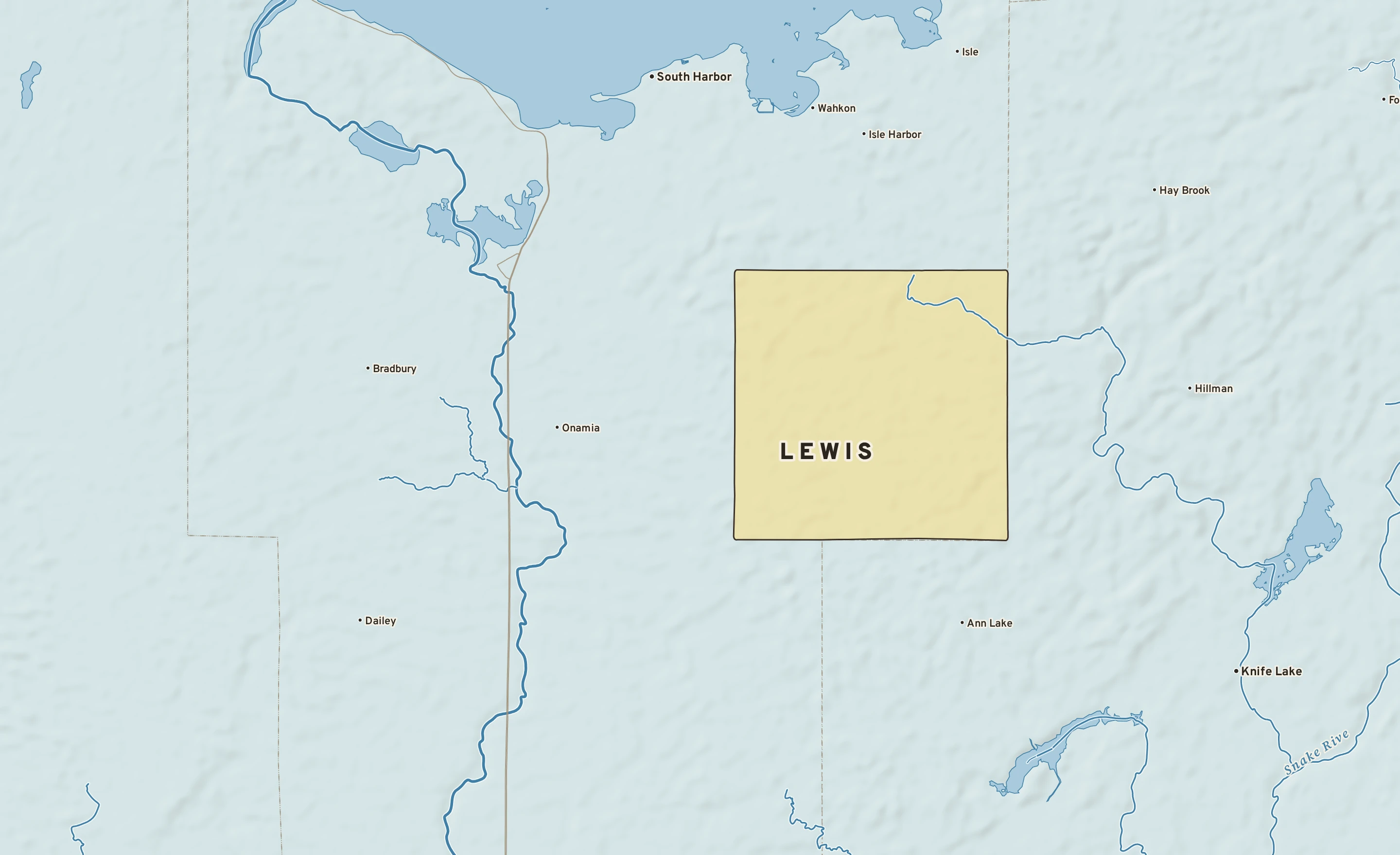 Shaded-relief atlas plate of Lewis, Minnesota: rivers, roads, the city limits and where the water drains.
