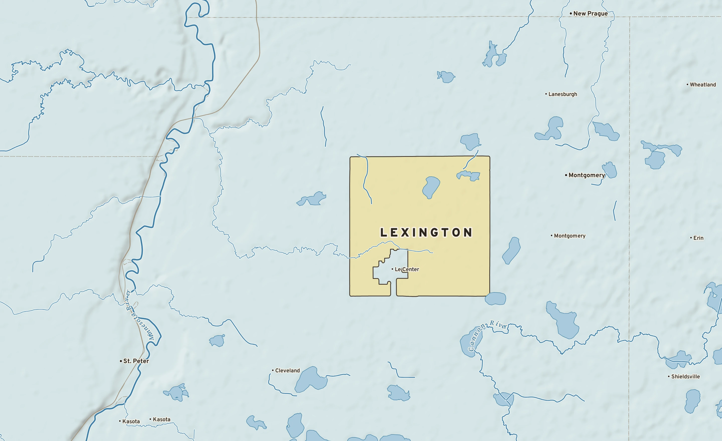 Shaded-relief atlas plate of Lexington, Minnesota: rivers, roads, the city limits and where the water drains.
