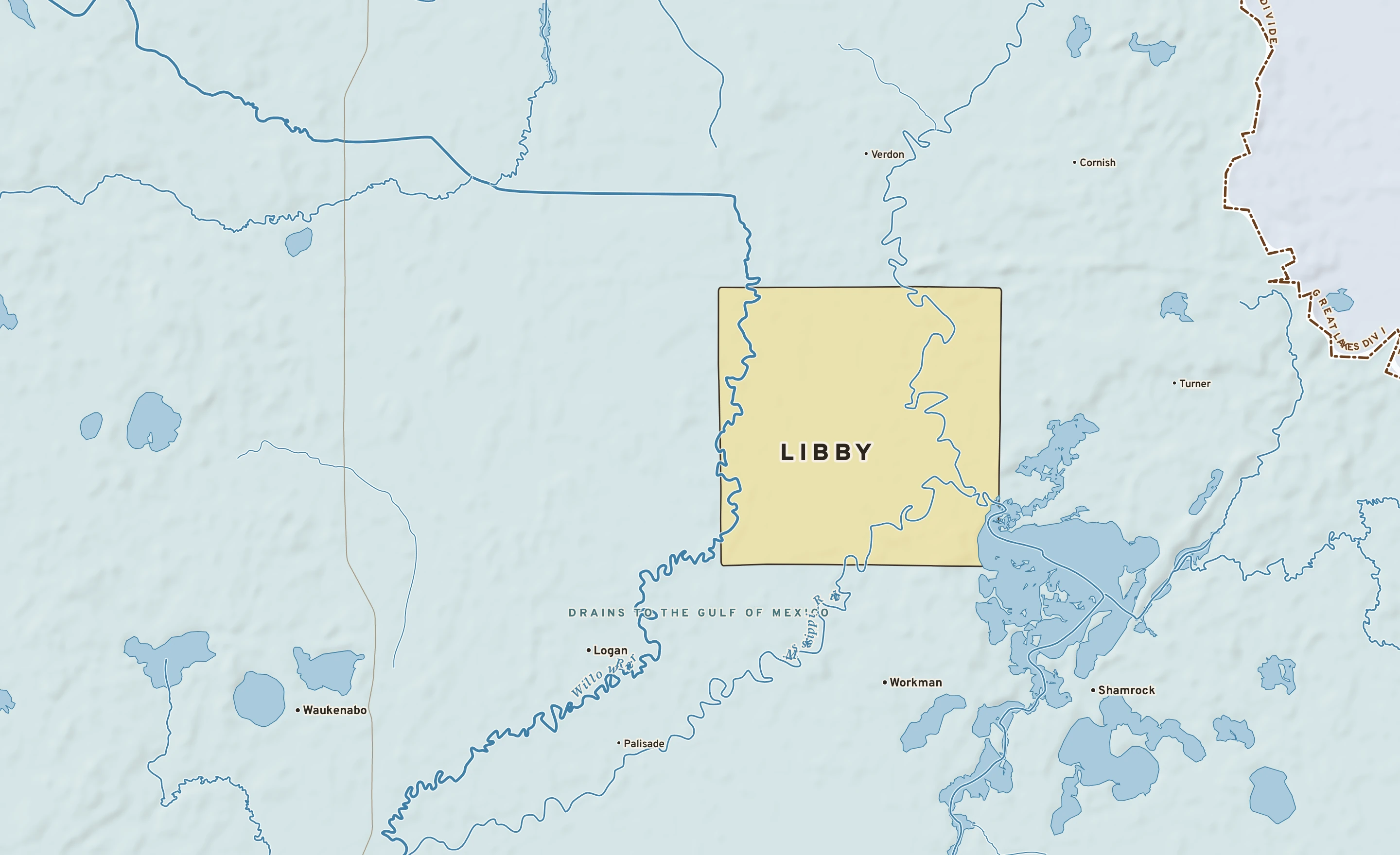 Shaded-relief atlas plate of Libby, Minnesota: rivers, roads, the city limits and where the water drains.