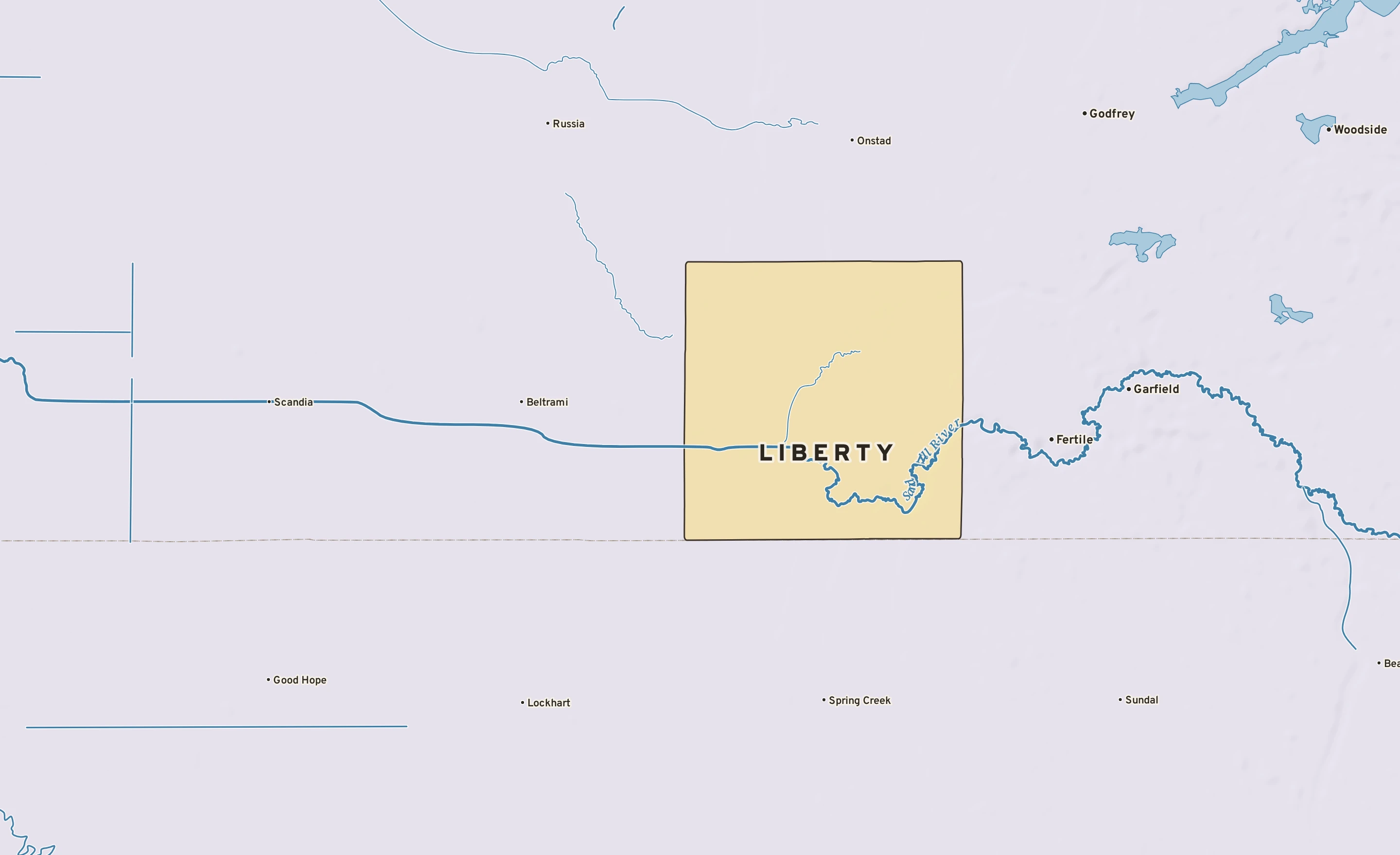 Shaded-relief atlas plate of Liberty, Minnesota: rivers, roads, the city limits and where the water drains.