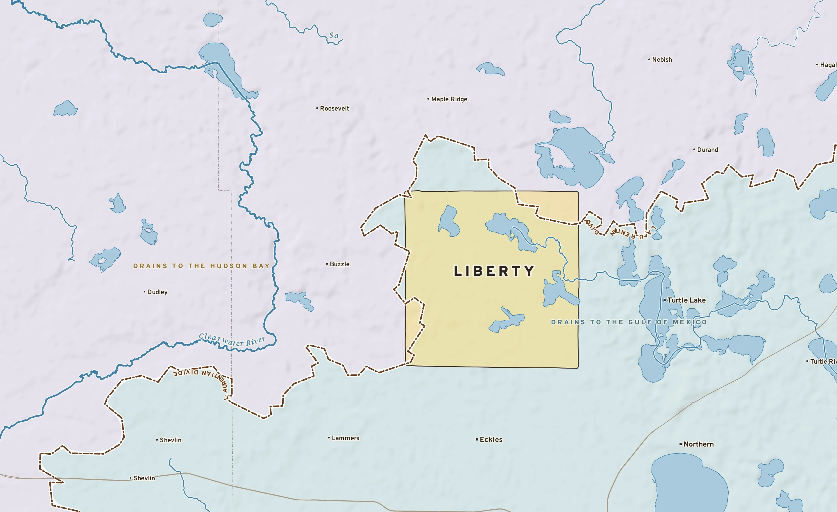 Shaded-relief atlas plate of Liberty, Minnesota: rivers, roads, the city limits and where the water drains.