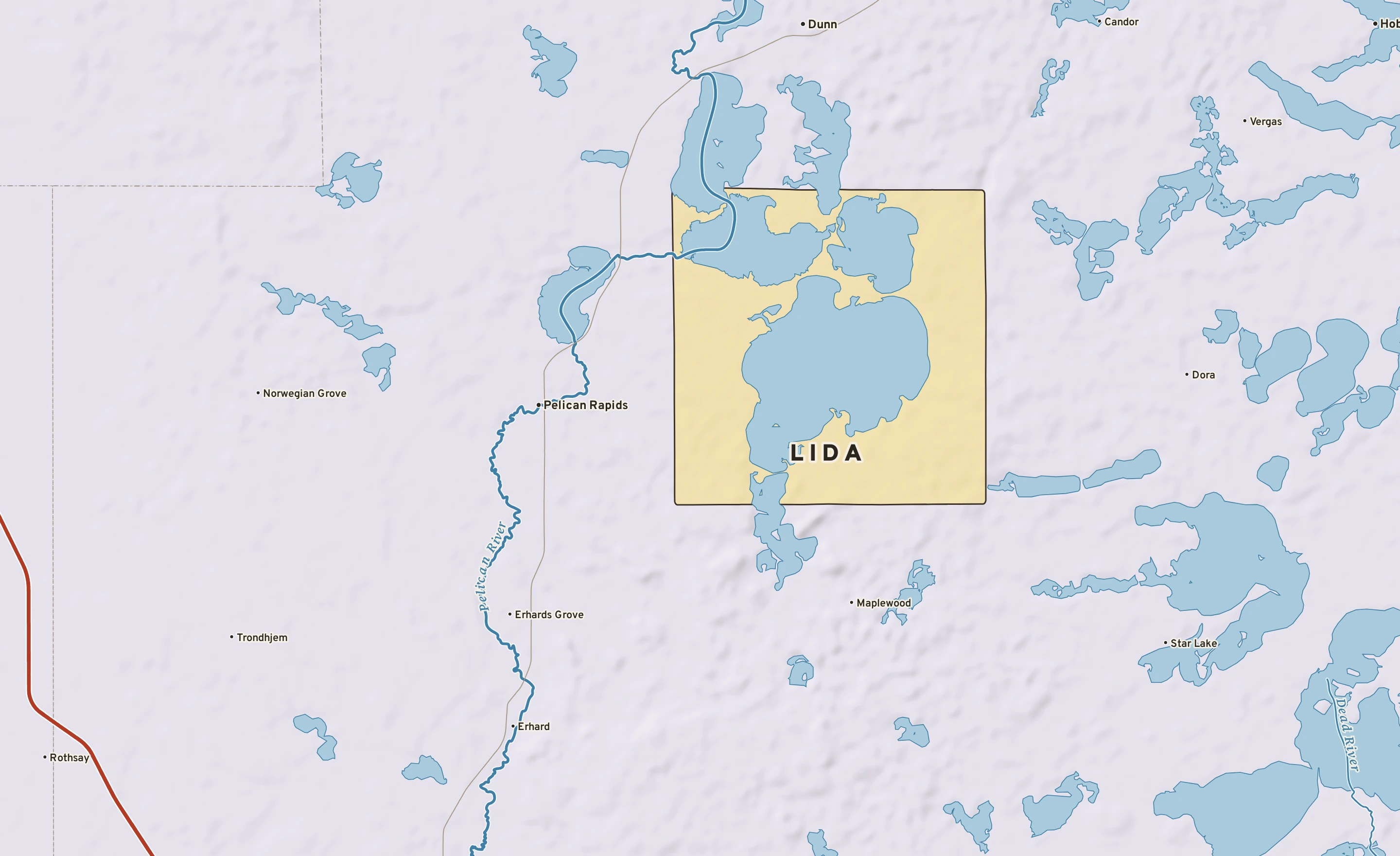 Shaded-relief atlas plate of Lida, Minnesota: rivers, roads, the city limits and where the water drains.